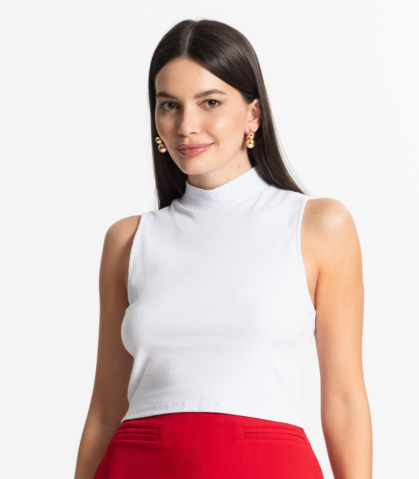 Regata Com Gola Alta Ribana Algodão Básica Select Branco - Imagem 9