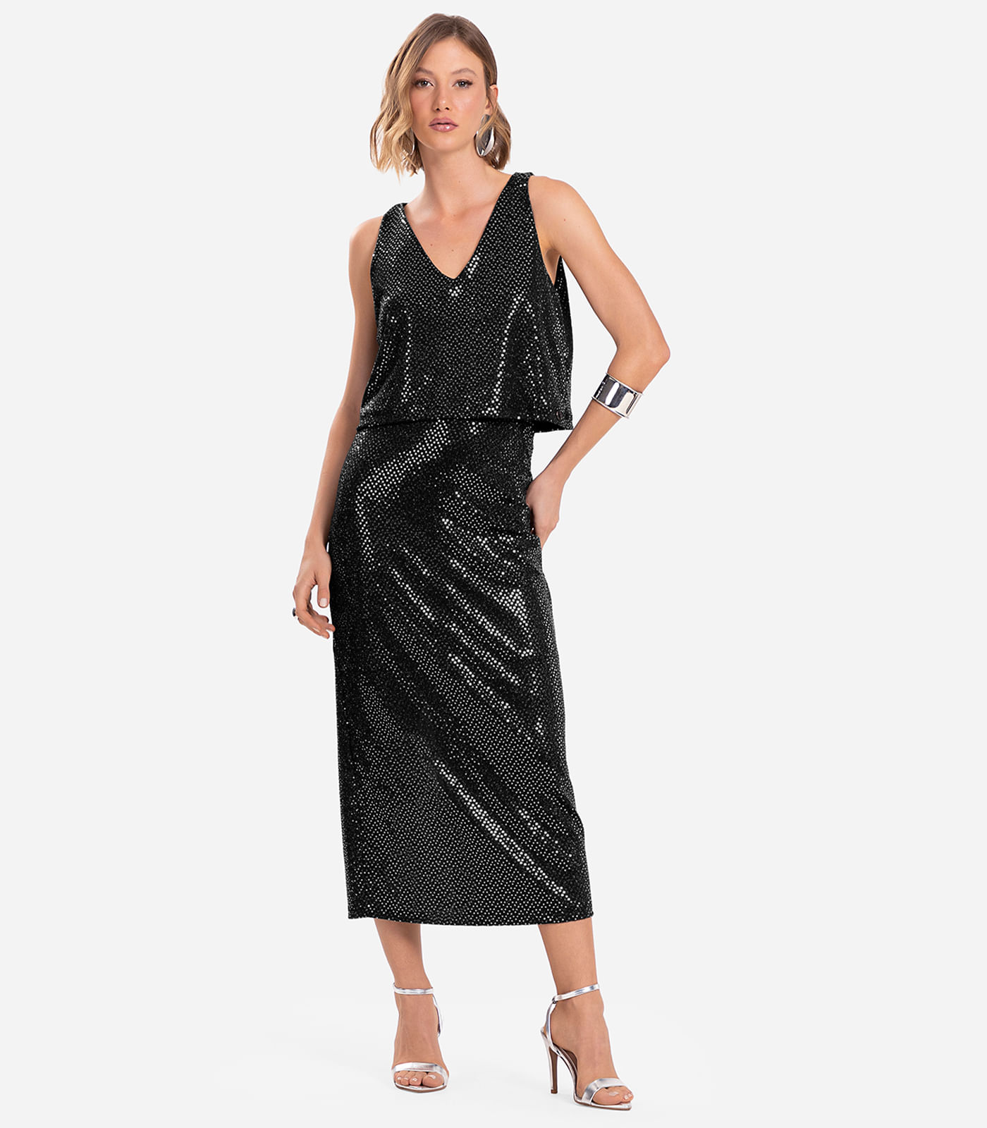 Saia Midi Com Lantejoula Endless Preto