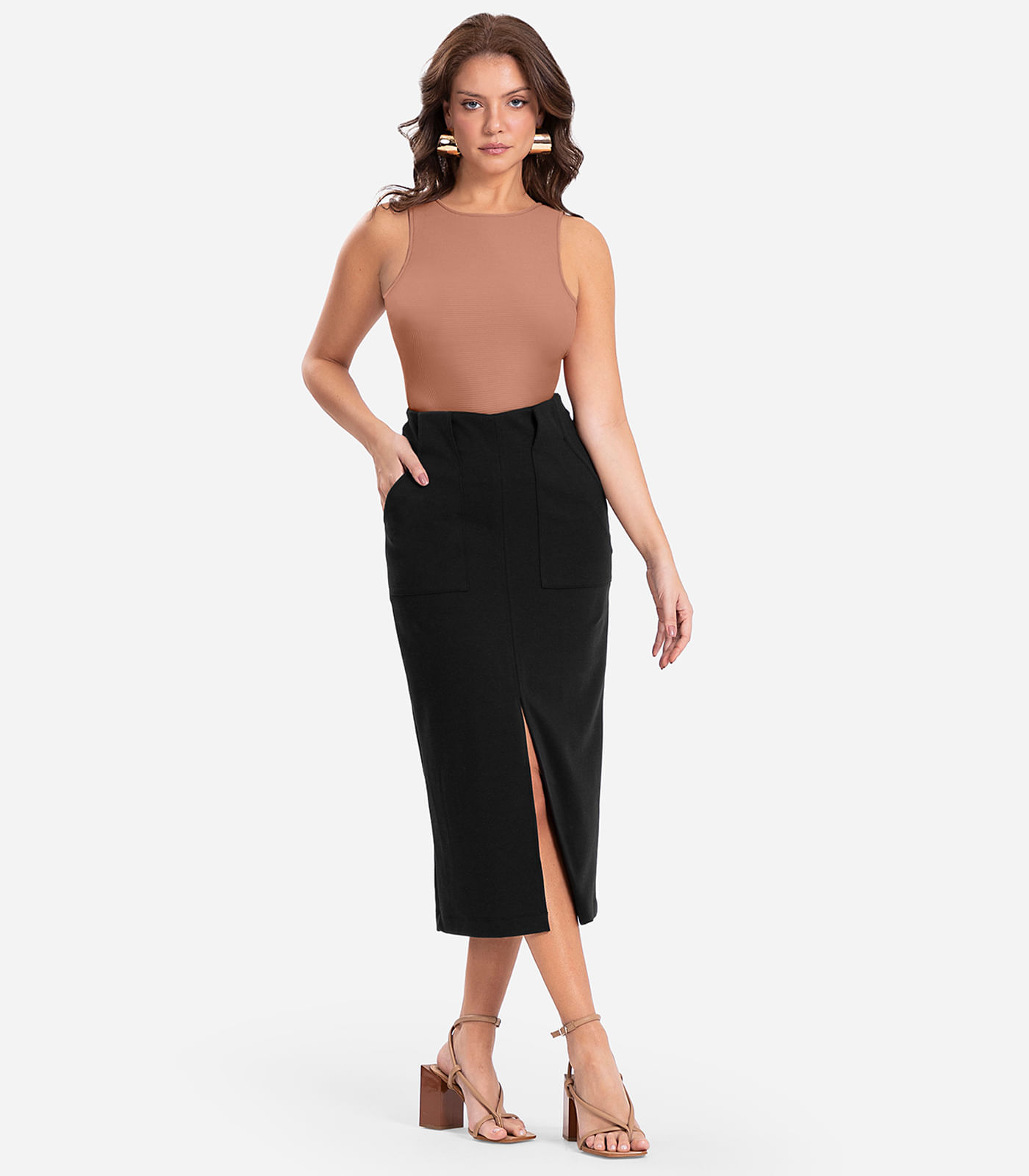 Saia Midi Com Bolso Endless Preto