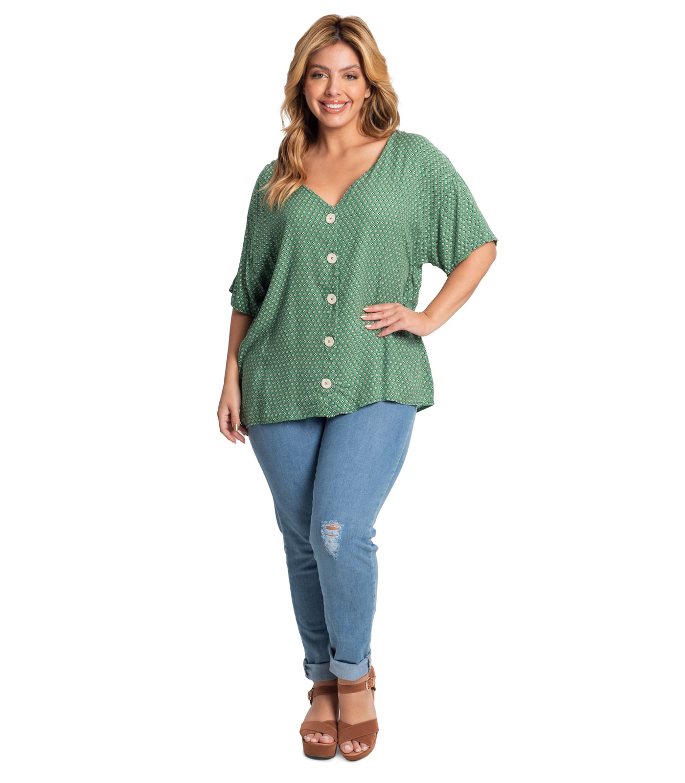 Camisa Feminina Plus Size Estampada Secret Glam Verde - Imagem 39