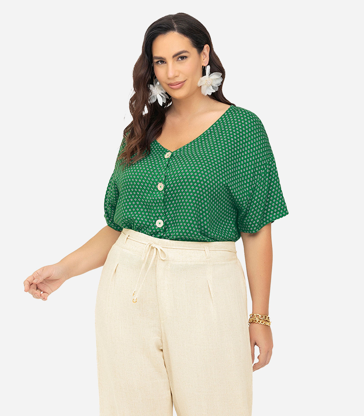 Camisa Feminina Plus Size Estampada Secret Glam Verde - Imagem 25