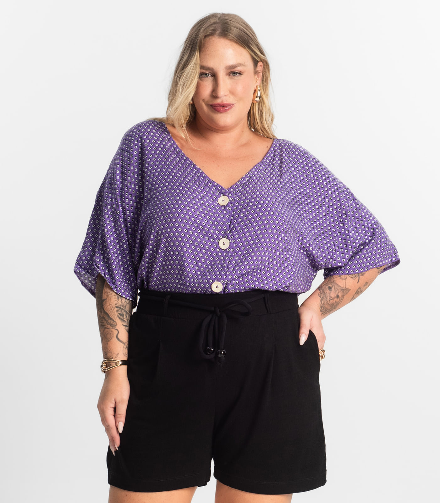 Camisa Feminina Plus Size Estampada Secret Glam Roxo