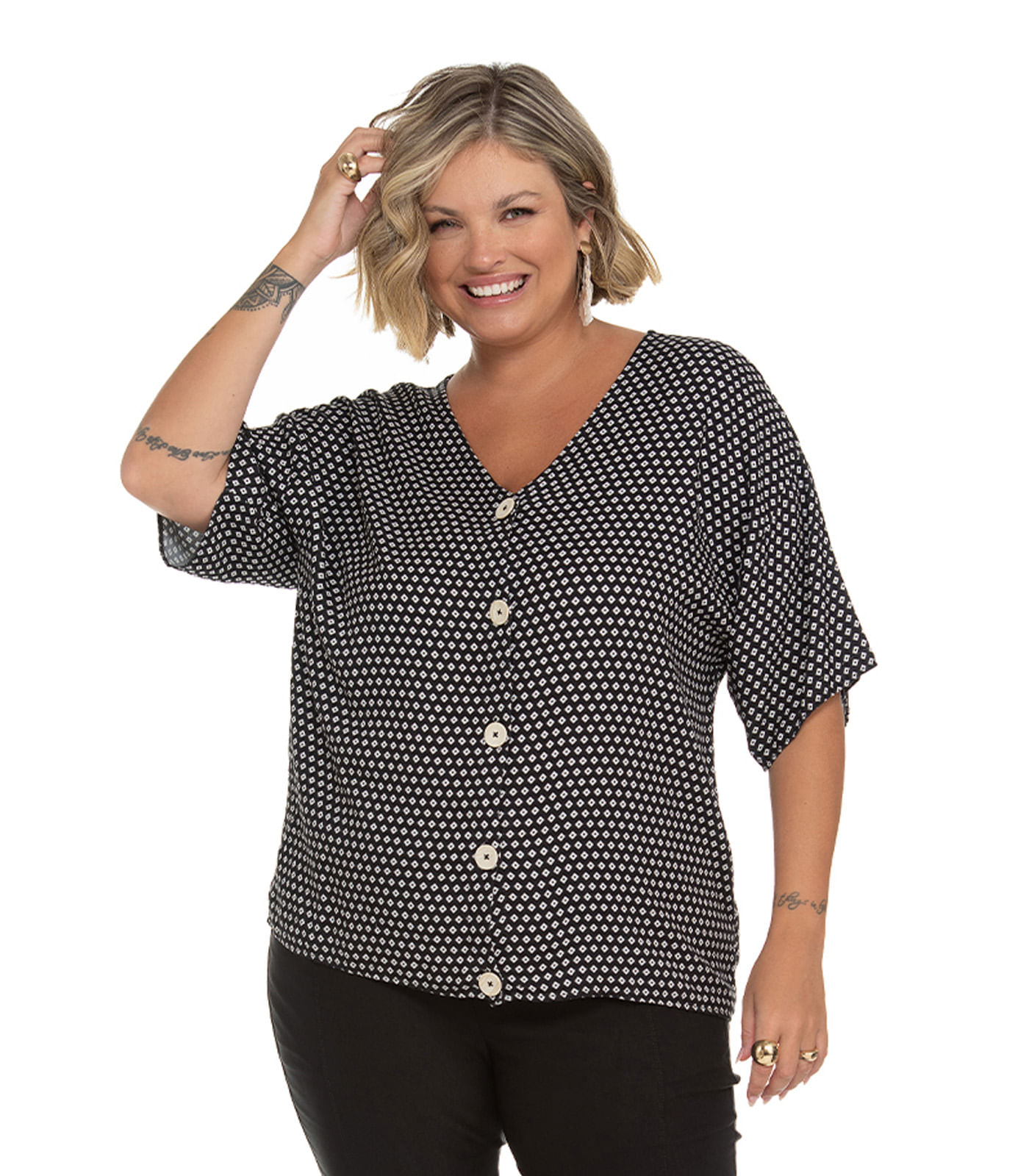 Camisa Feminina Plus Size Estampada Secret Glam Preto - Imagem 31