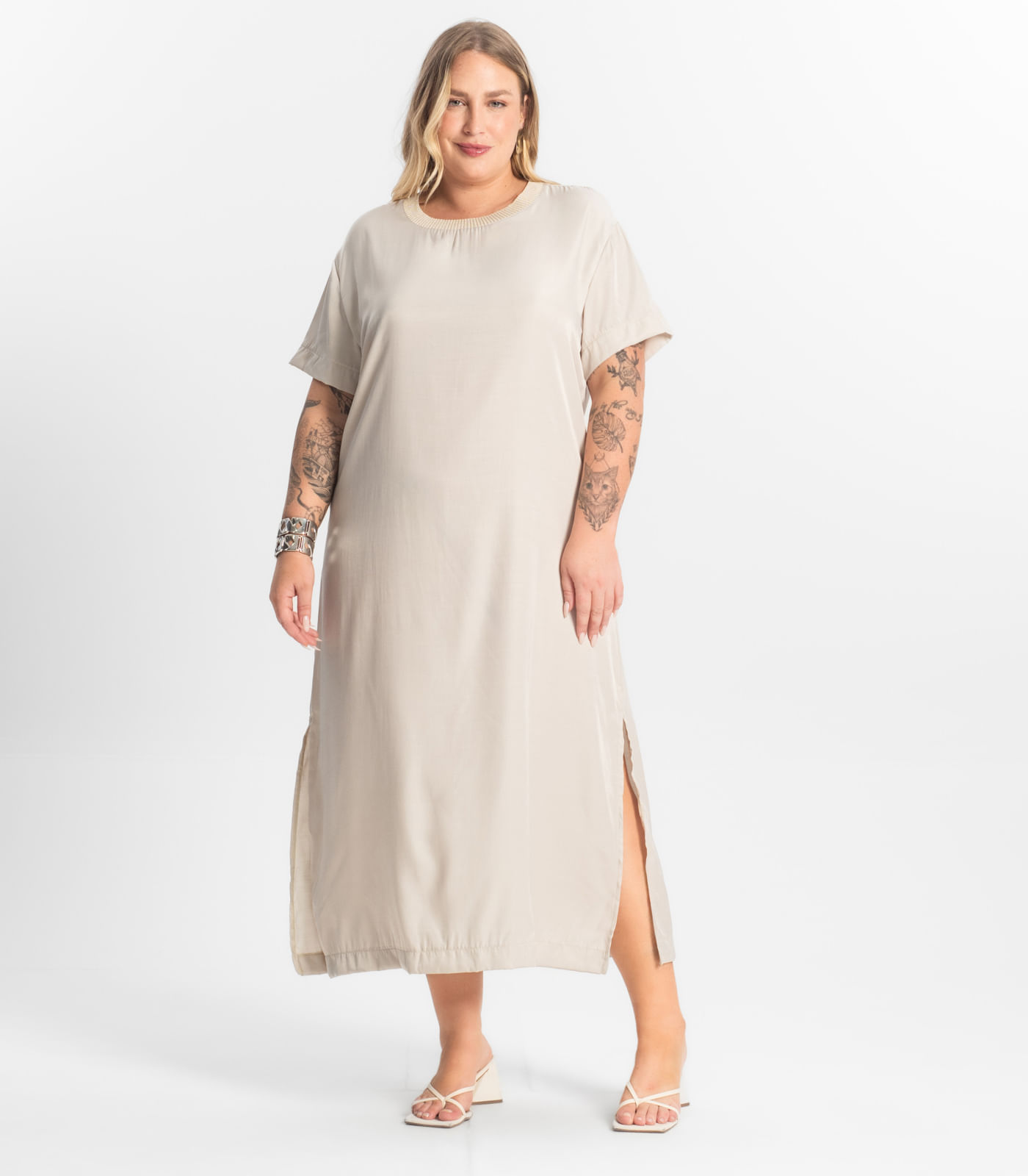 Vestido Super Midi Plus Size Secret Glam Bege - Imagem 14