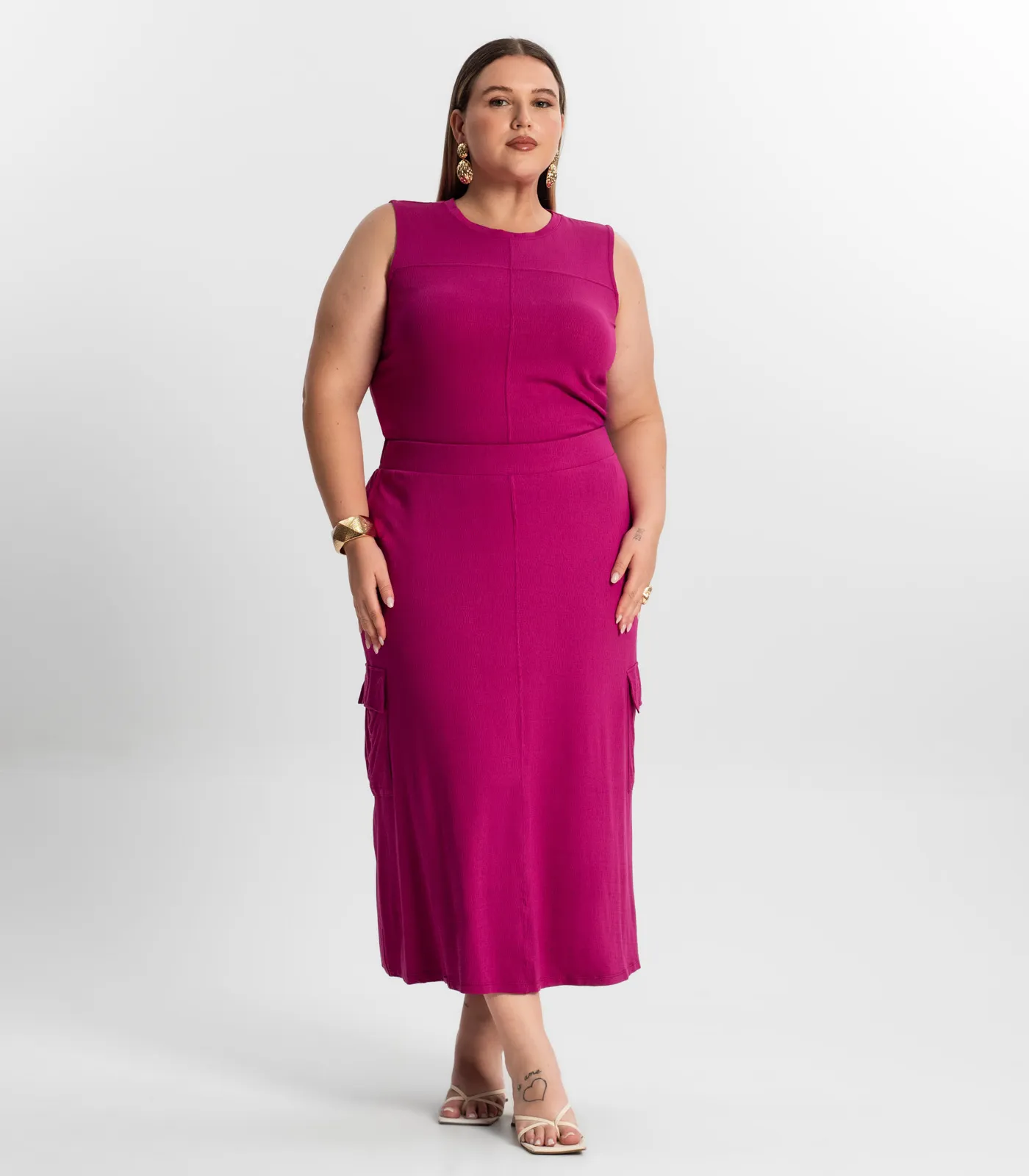 Conjunto Plus Size Regata com Saia Secret Glam Roxo