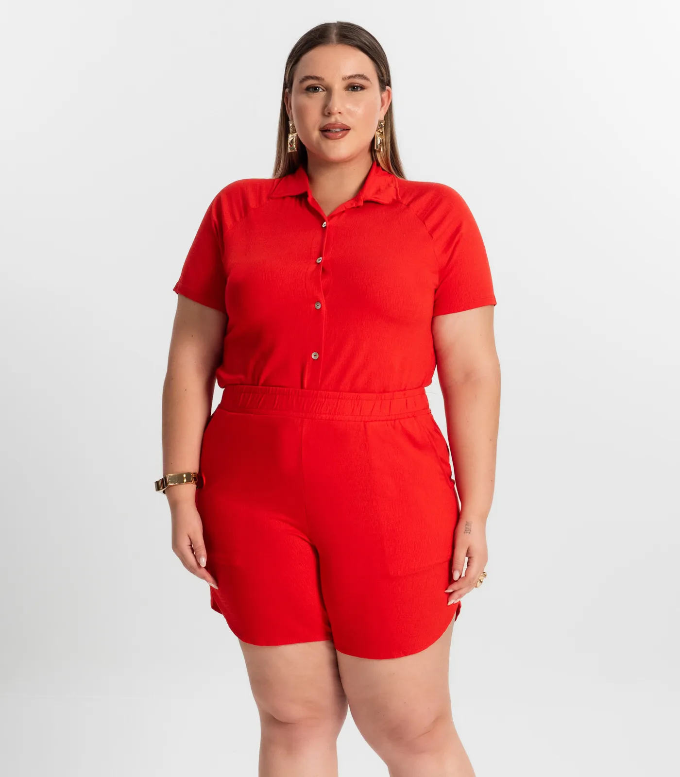 Conjunto Plus Size Camisa Com Bermuda Secret Glam Laranja