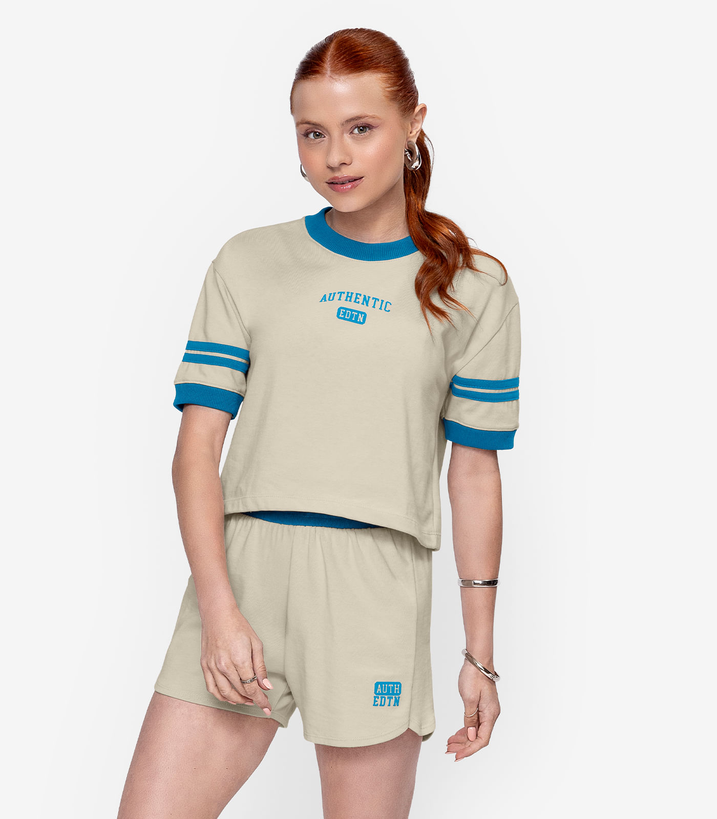 Conjunto Blusa Com Shorts Malhão Feminino Minty Bege