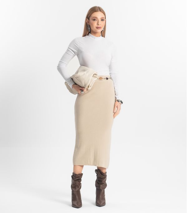 Saia Midi Feminina Tricot Epifani Bege P