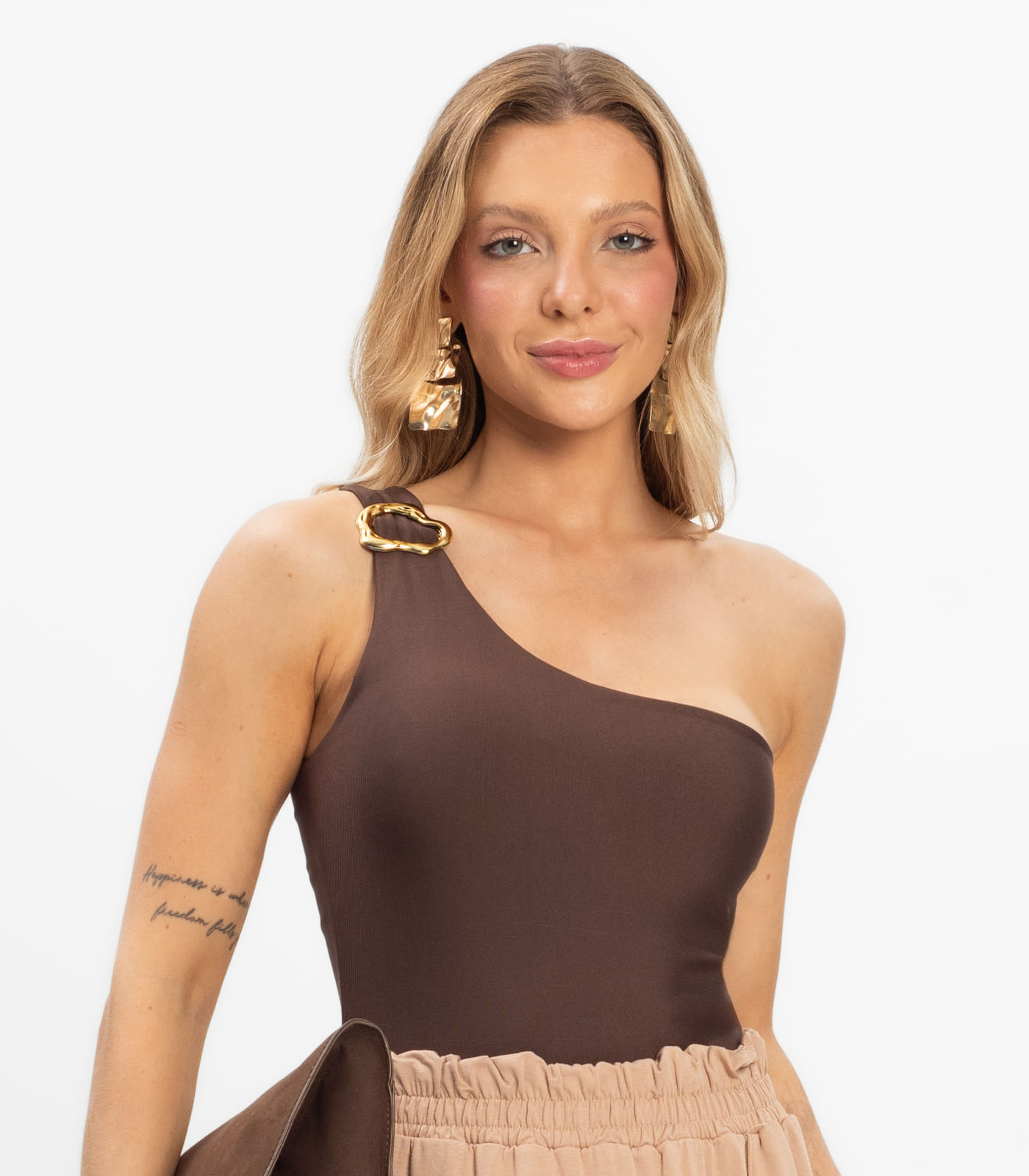 Body Feminino Um Ombro Só Com Detalhe Select Marrom - Imagem 2