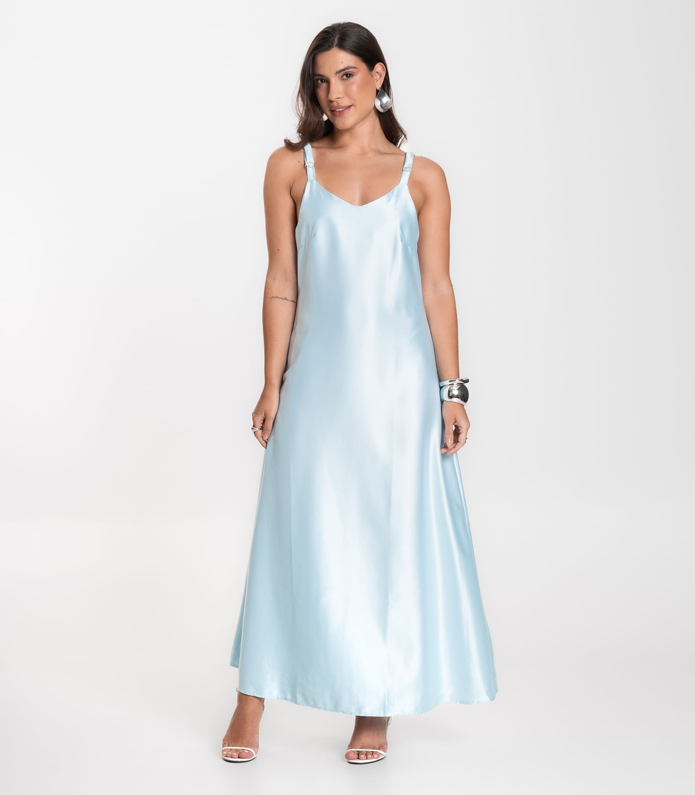 Vestido Longo Feminino De Cetim E Alcinha Select Azul