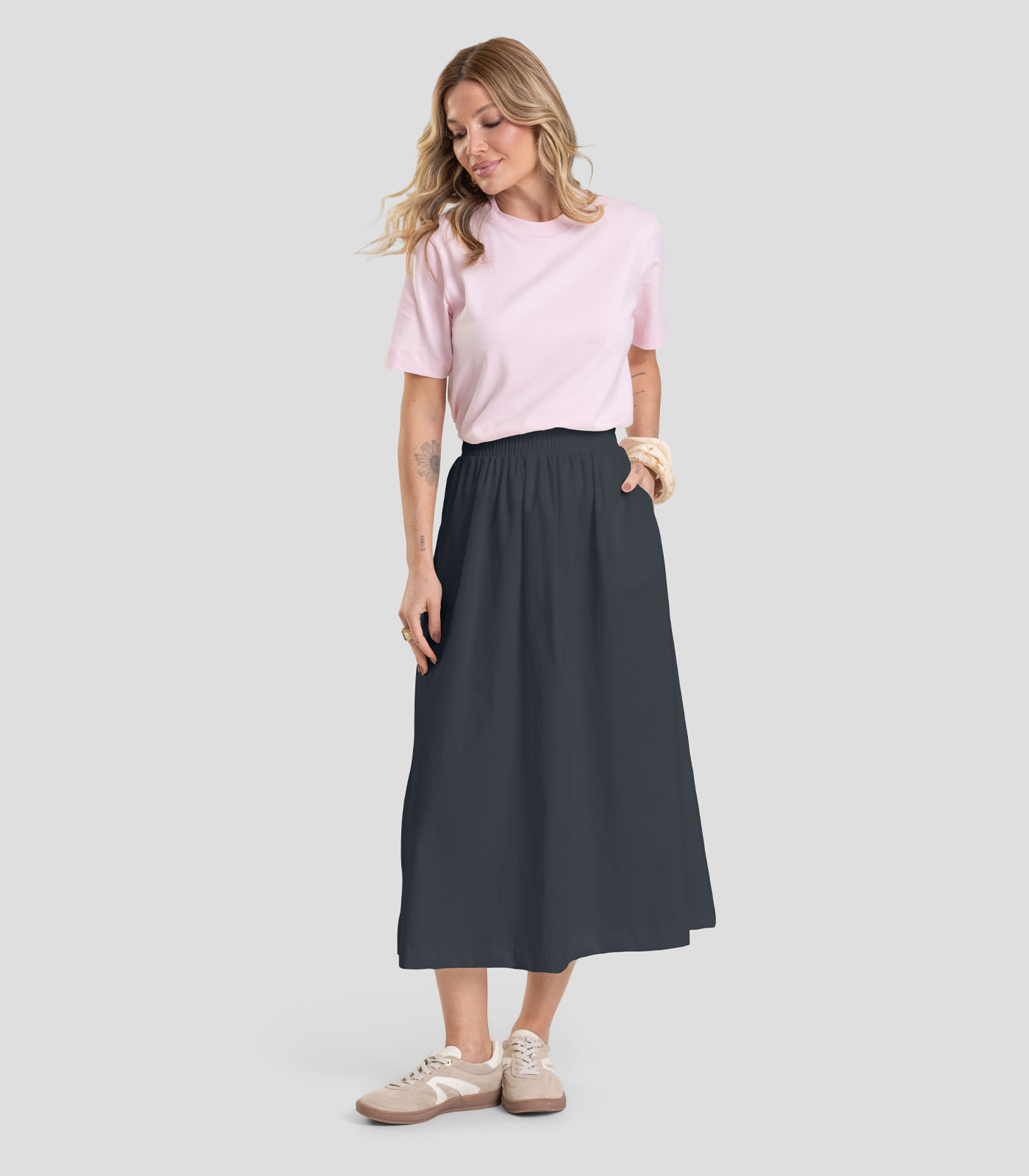 Saia Midi Feminina em Sarja Dianna Cinza