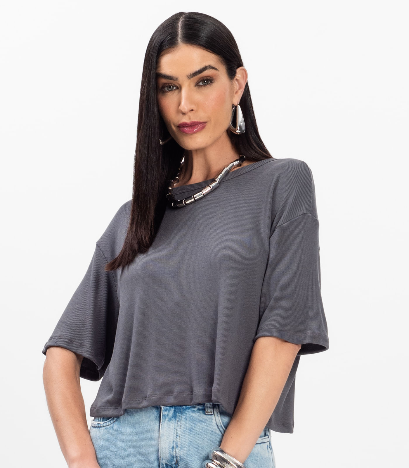 T- Shirt Feminina Canelada Infinita Cor Cinza - Imagem 2