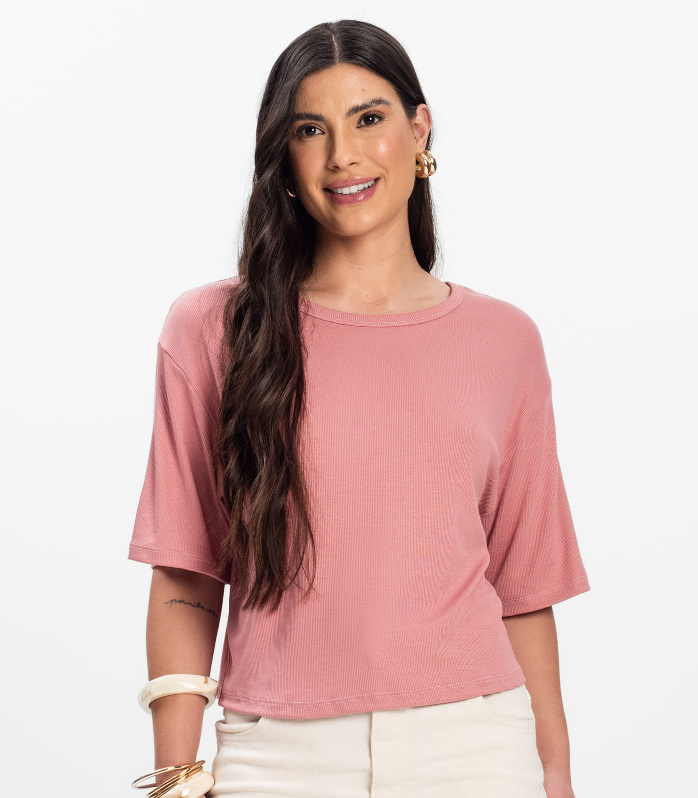 T- Shirt Feminina Canelada Infinita Cor Rosa - Imagem 2