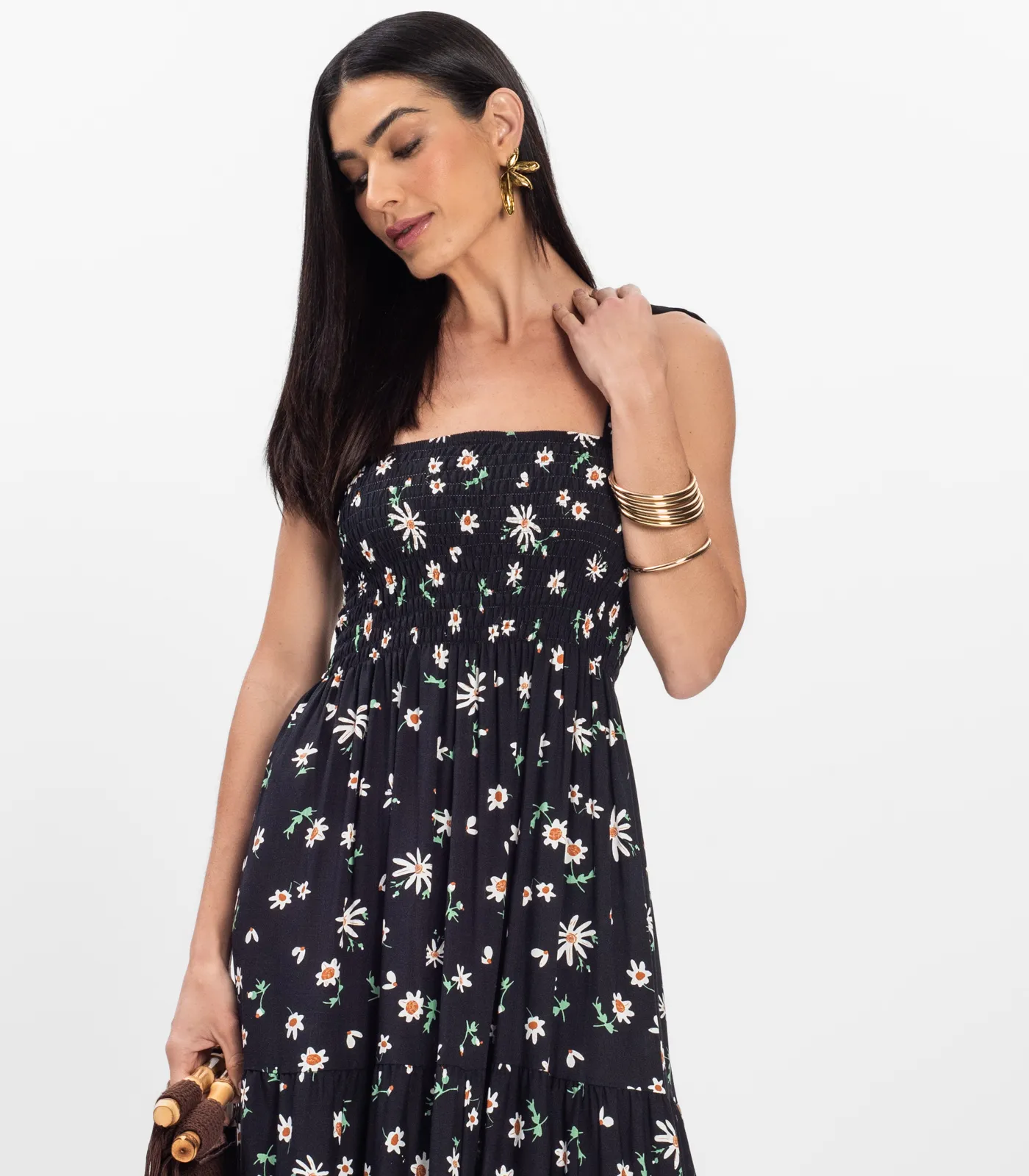Vestido Longo Lastex Floral Em Viscolinho Select Preto - Imagem 14