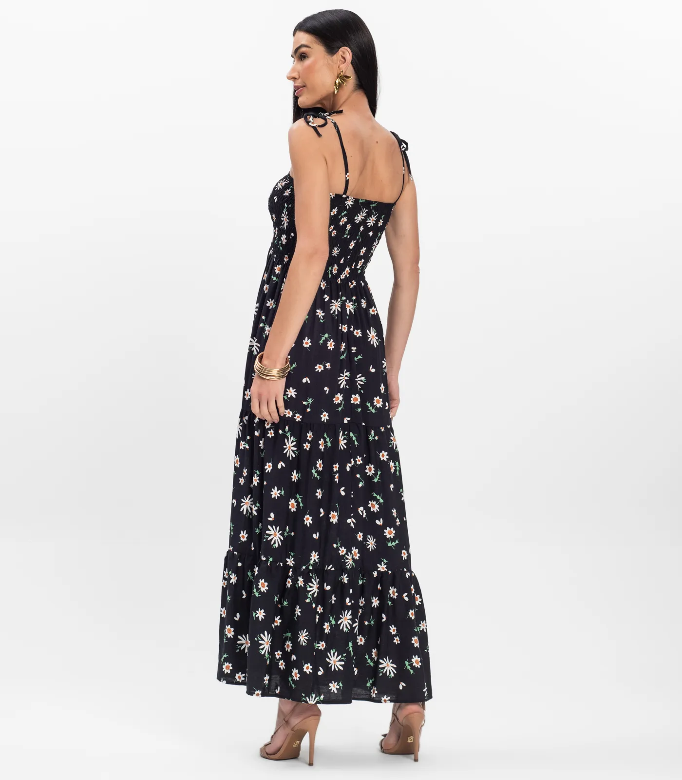 Vestido Longo Lastex Floral Em Viscolinho Select Preto - Imagem 15