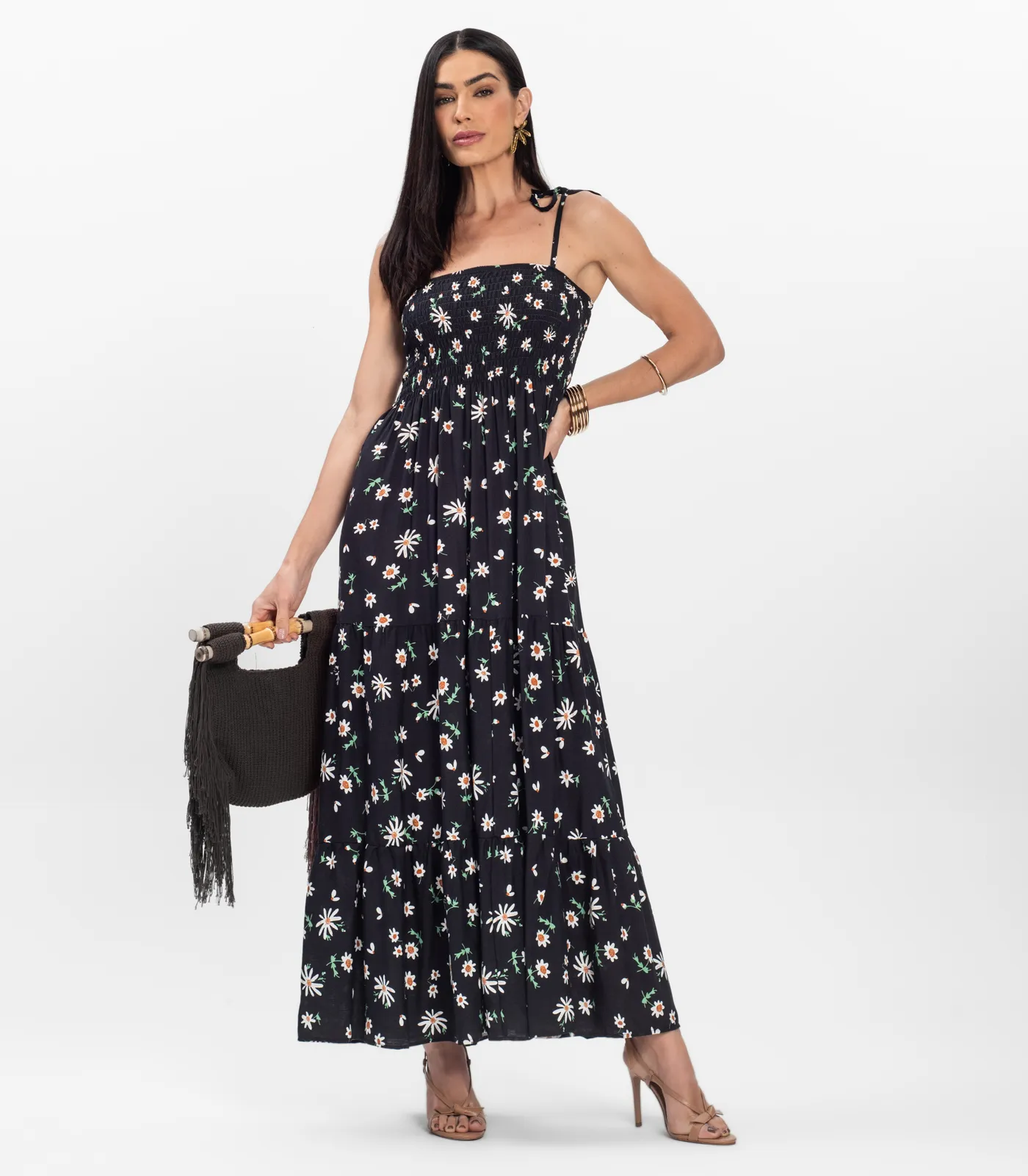 Vestido Longo Lastex Floral Em Viscolinho Select Preto - Imagem 5