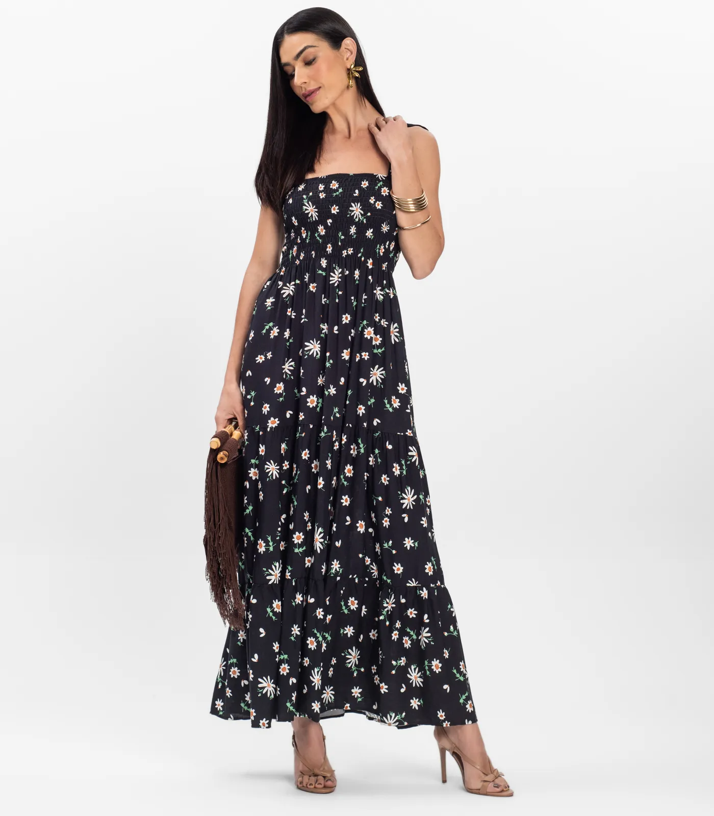 Vestido Longo Lastex Floral Em Viscolinho Select Preto - Imagem 8