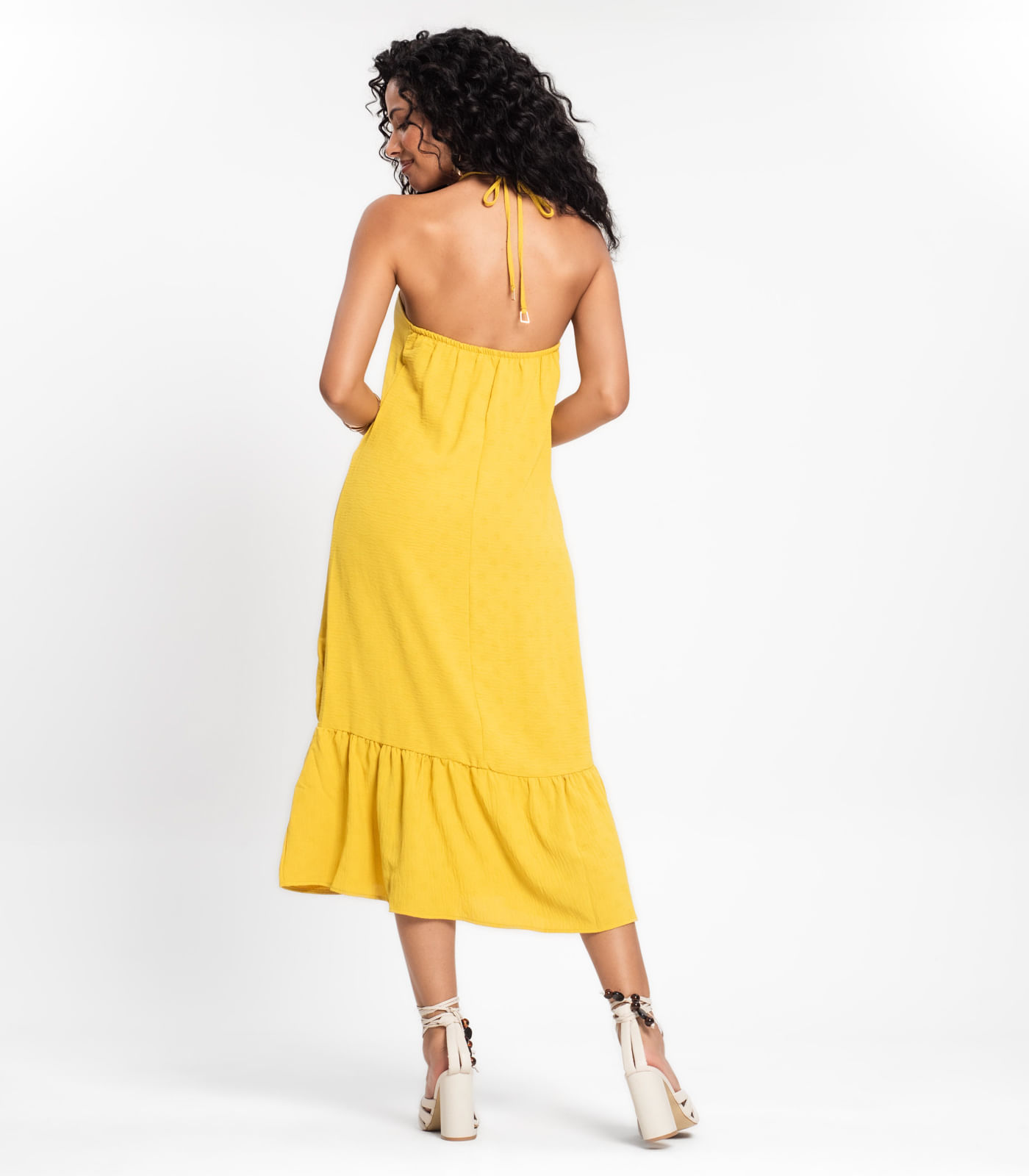 Vestido Midi de Alça e Babados em Air Flow Rovitex Amarelo - Imagem 18