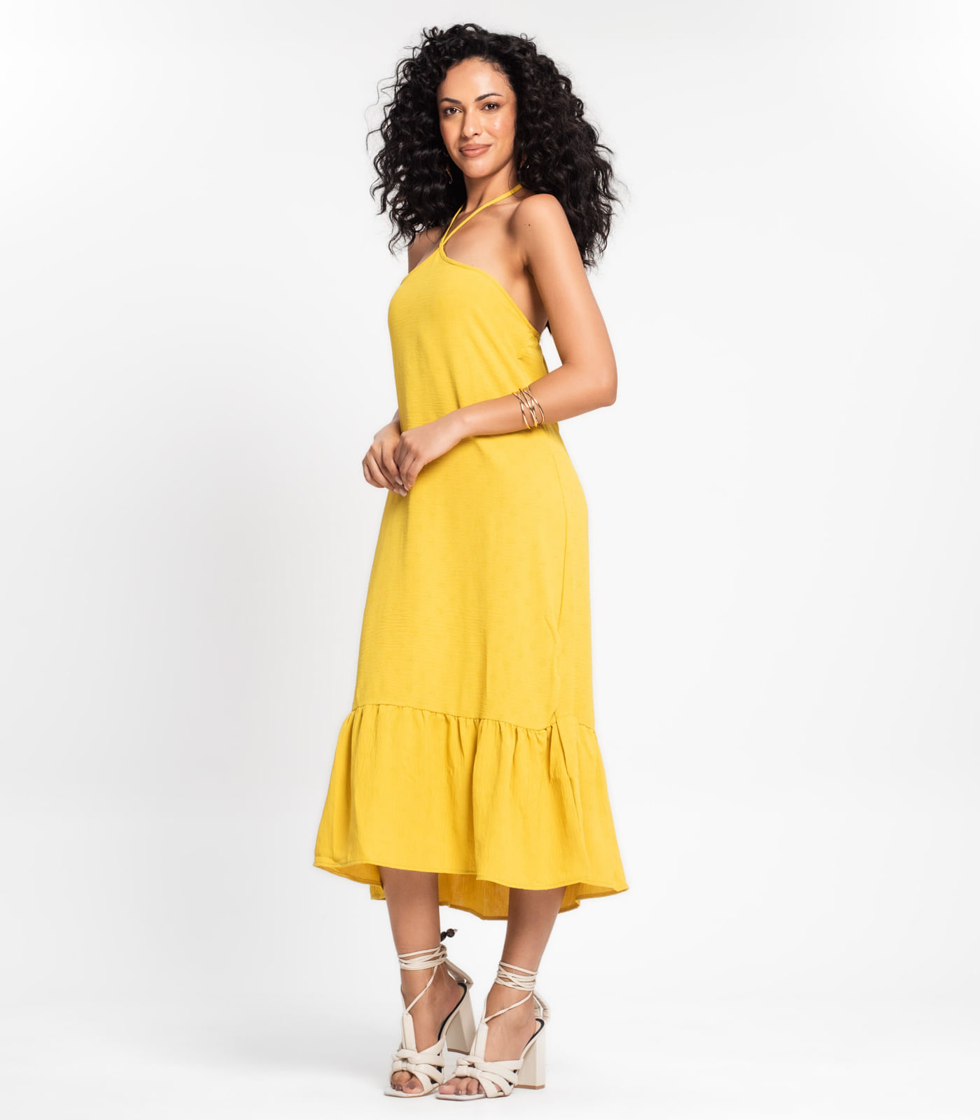 Vestido Midi de Alça e Babados em Air Flow Rovitex Amarelo - Imagem 19