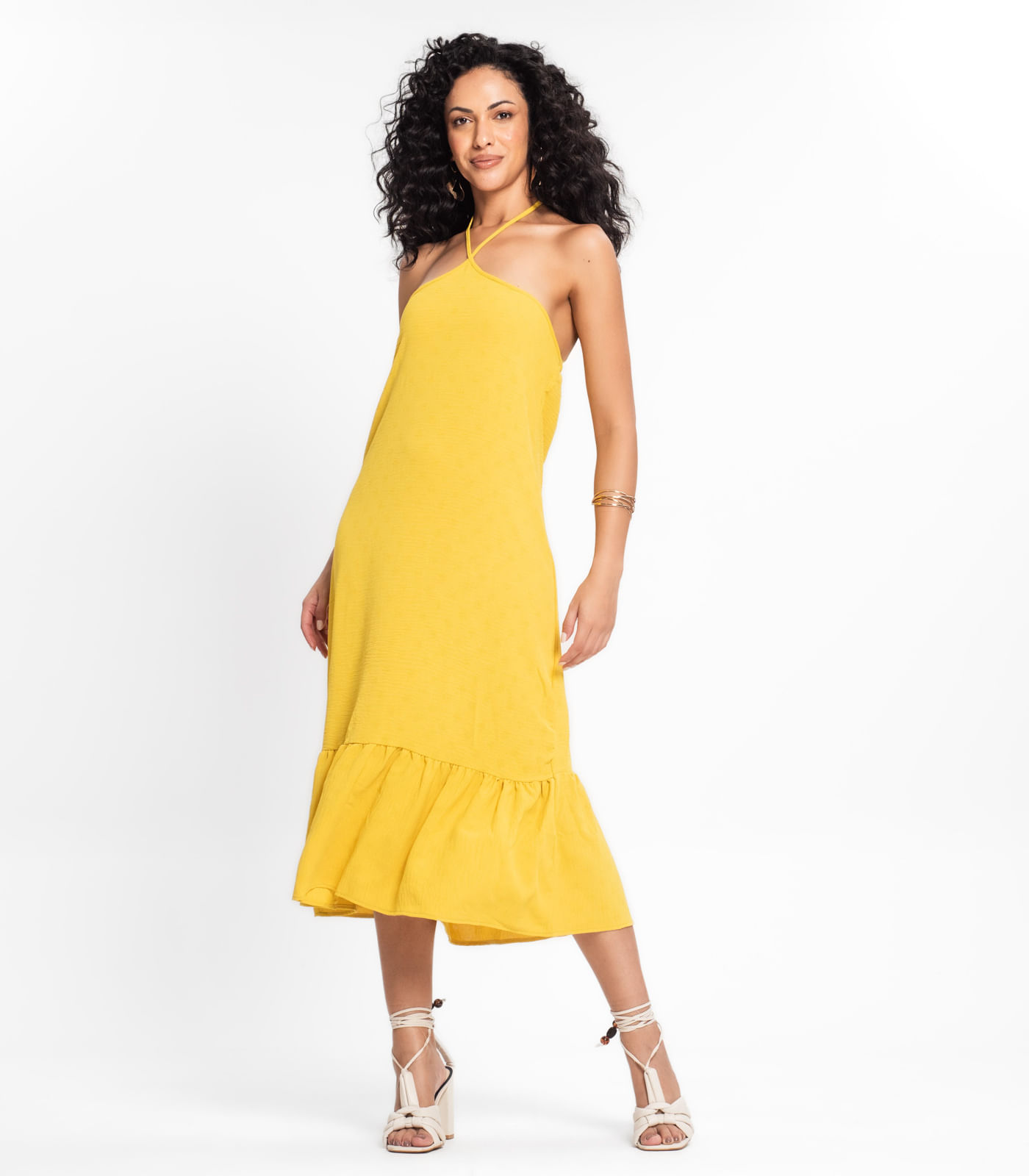 Vestido Midi de Alça e Babados em Air Flow Rovitex Amarelo