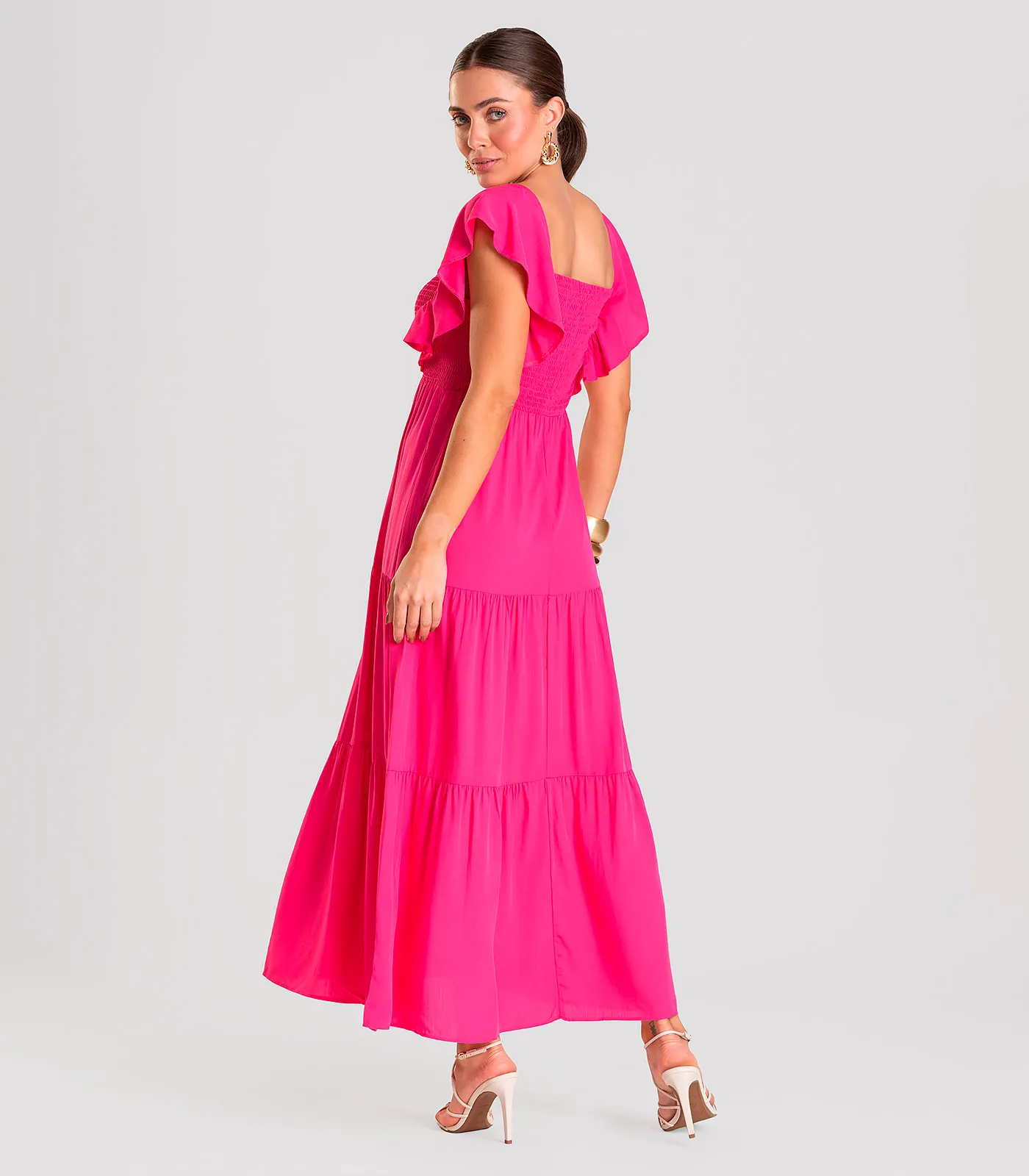 Vestido Midi Feminino Em Viscose Com Lastex Aishty Rosa - Imagem 3