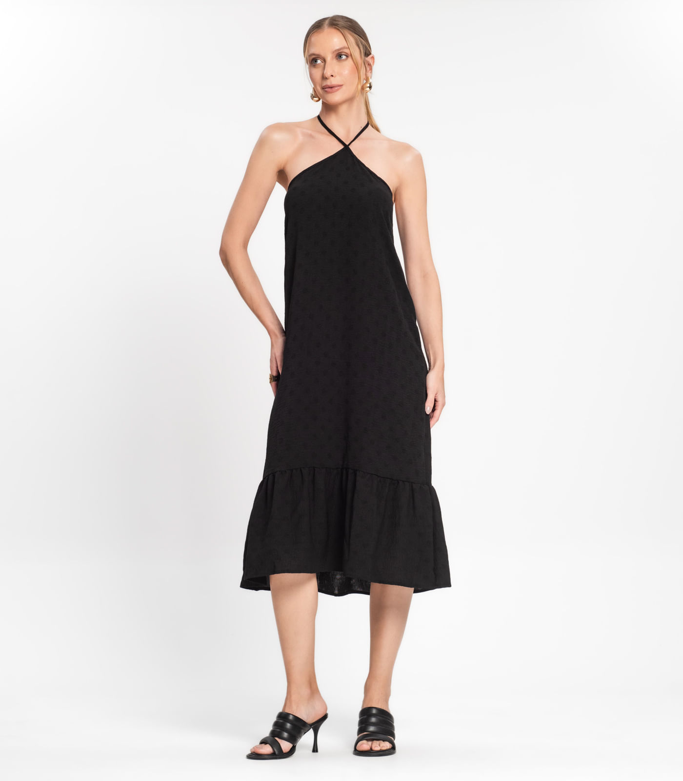 Vestido Midi de Alça e Babados em Air Flow Rovitex Preto