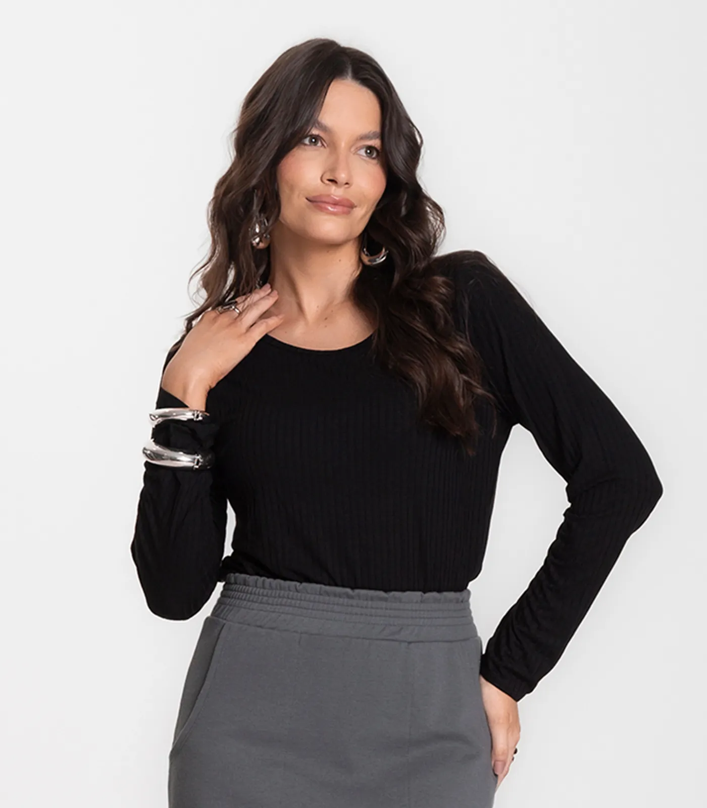 Blusa Feminina Canelada Com Manga Longa Rovitex Preto