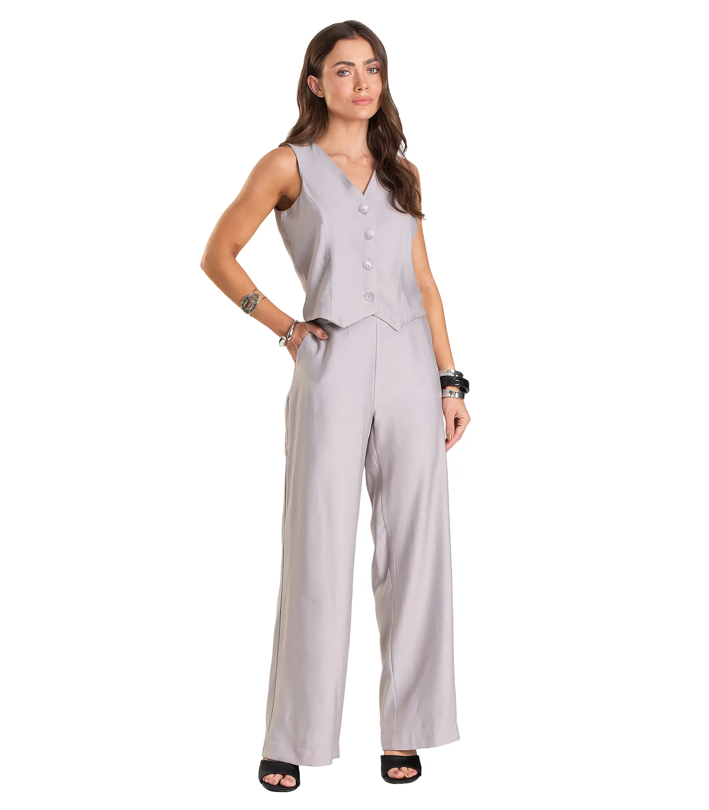 Calça Pantalona em Tecido Alfaiataria Dianna Cinza - Imagem 2