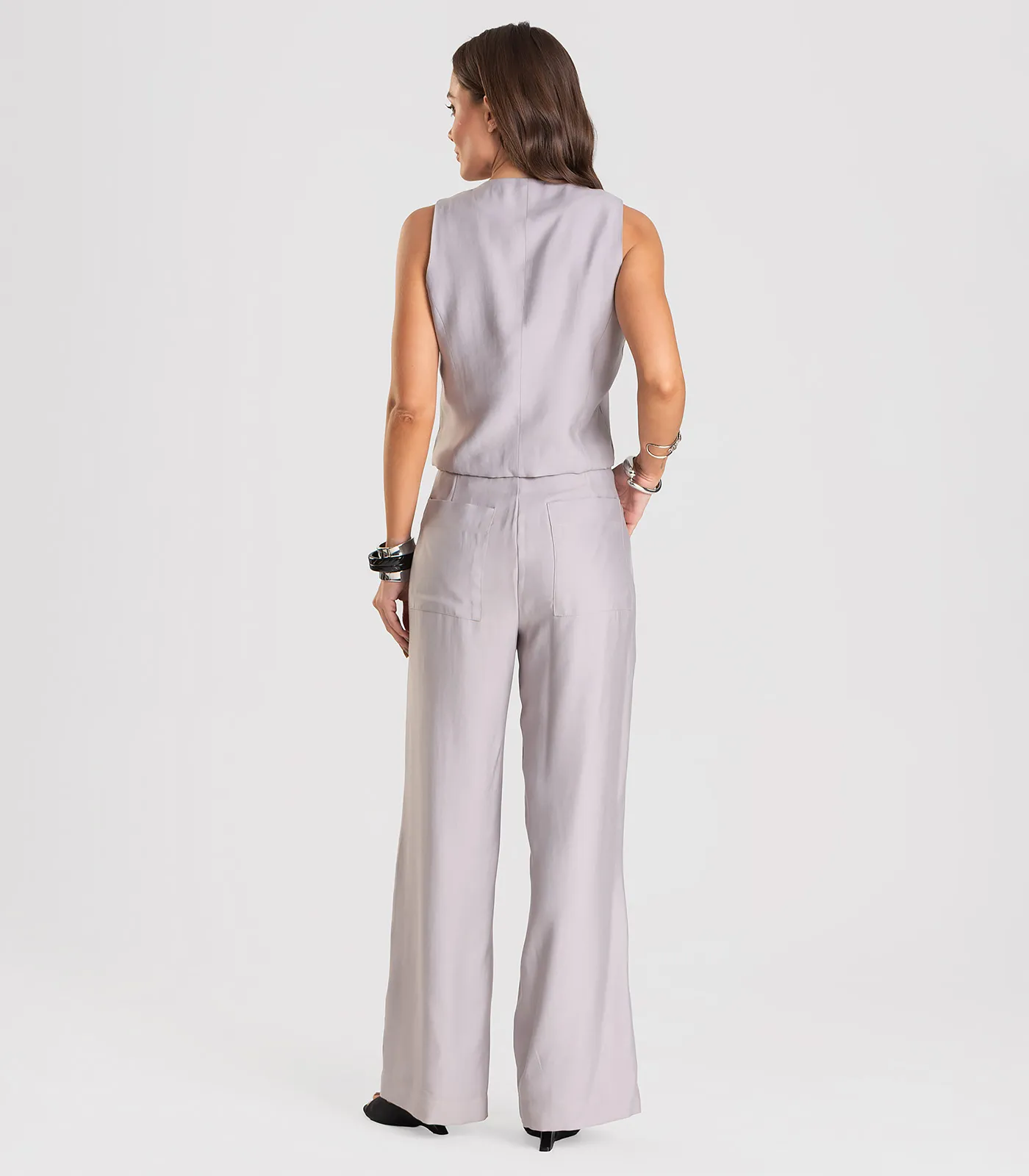 Calça Pantalona em Tecido Alfaiataria Dianna Cinza - Imagem 7