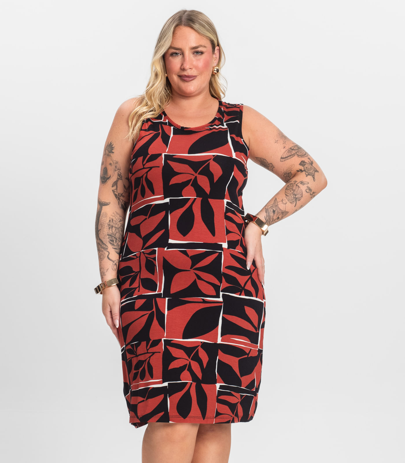 Vestido Plus Size Estampado Infinita Cor Laranja - Imagem 9