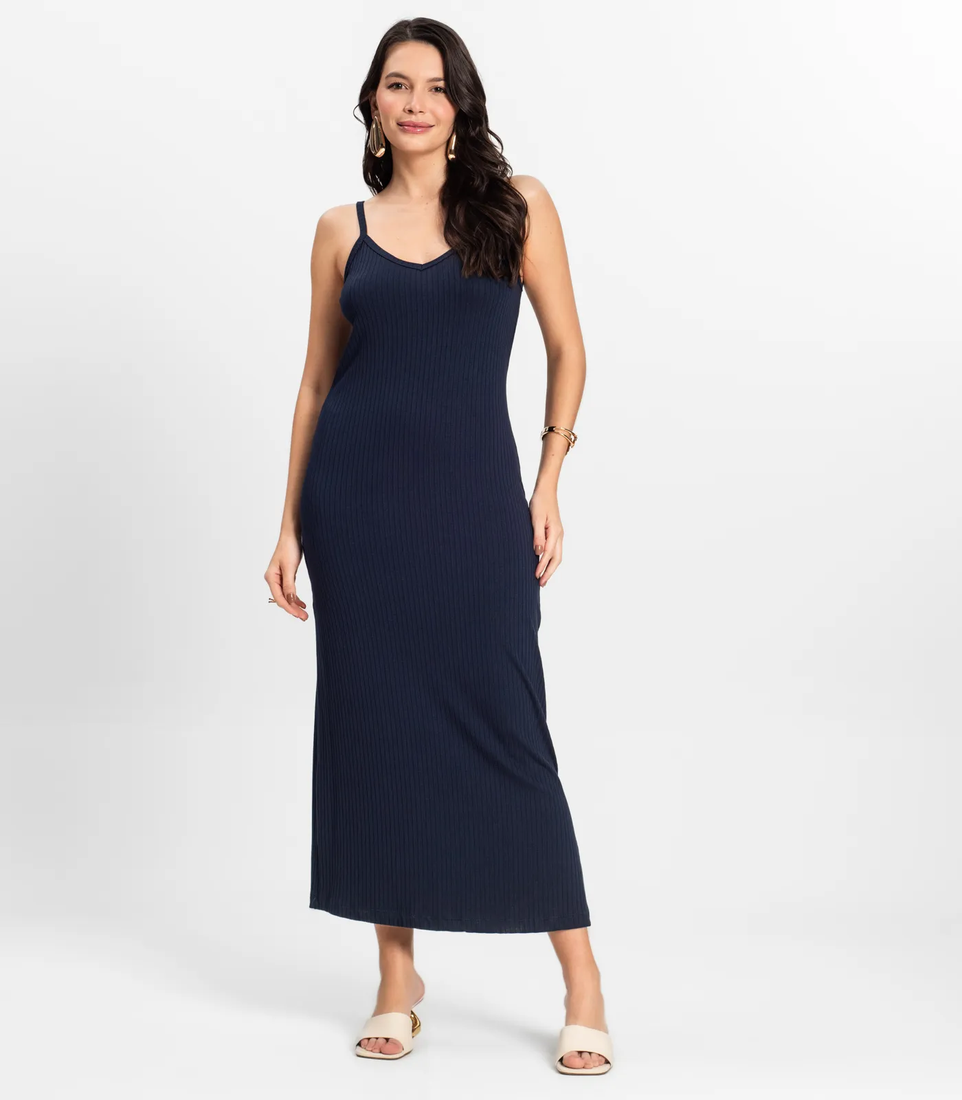 Vestido Midi em Ribana Canelada Rovitex Azul