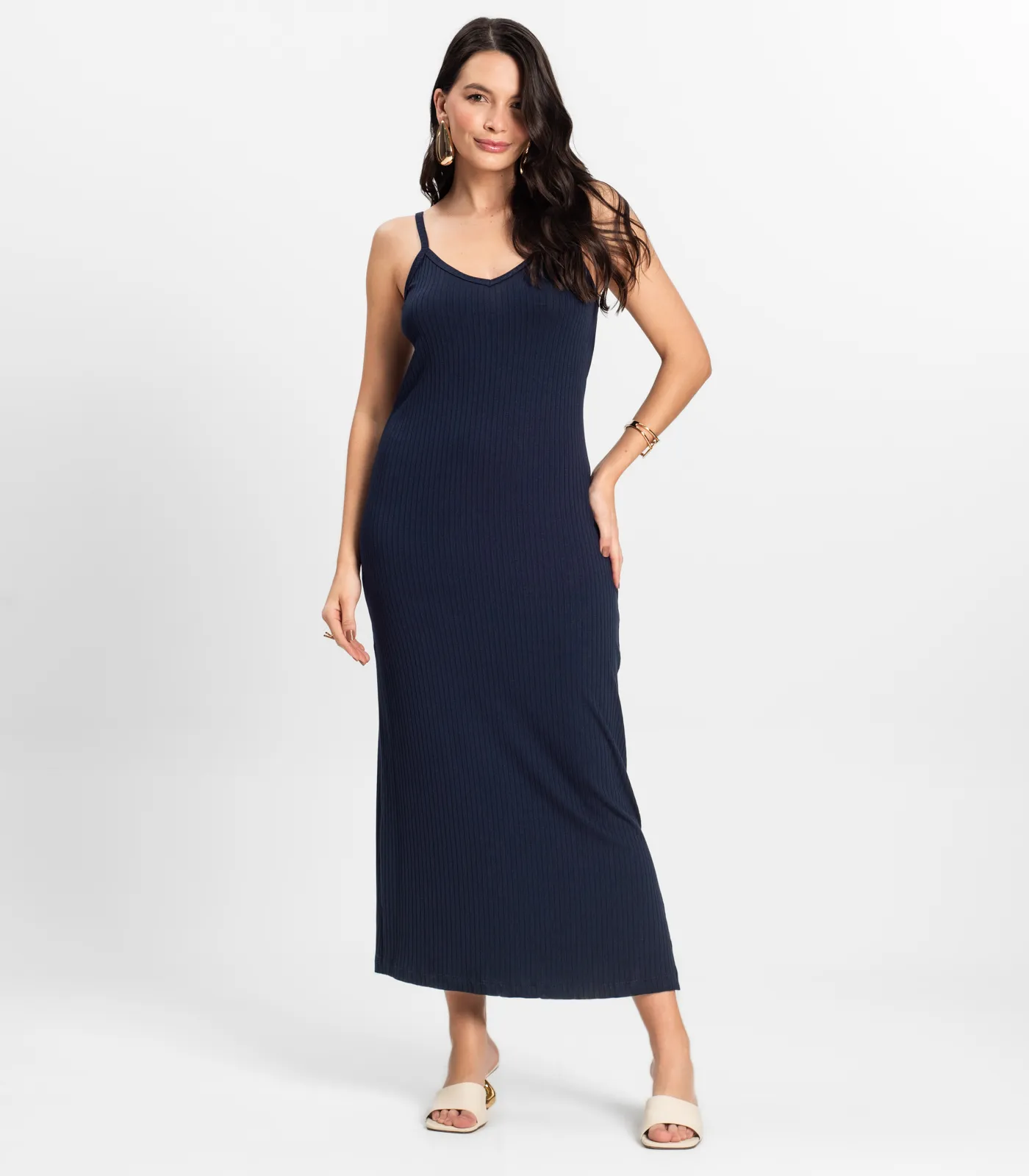 Vestido Midi em Ribana Canelada Rovitex Azul - Imagem 4