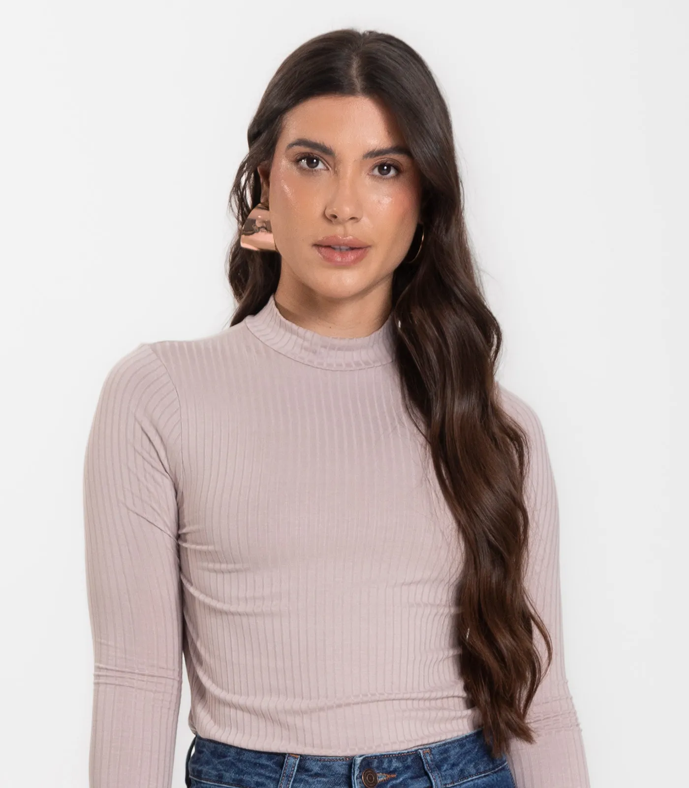 Blusa Manga Longa Feminina Canelada Select Bege - Imagem 2