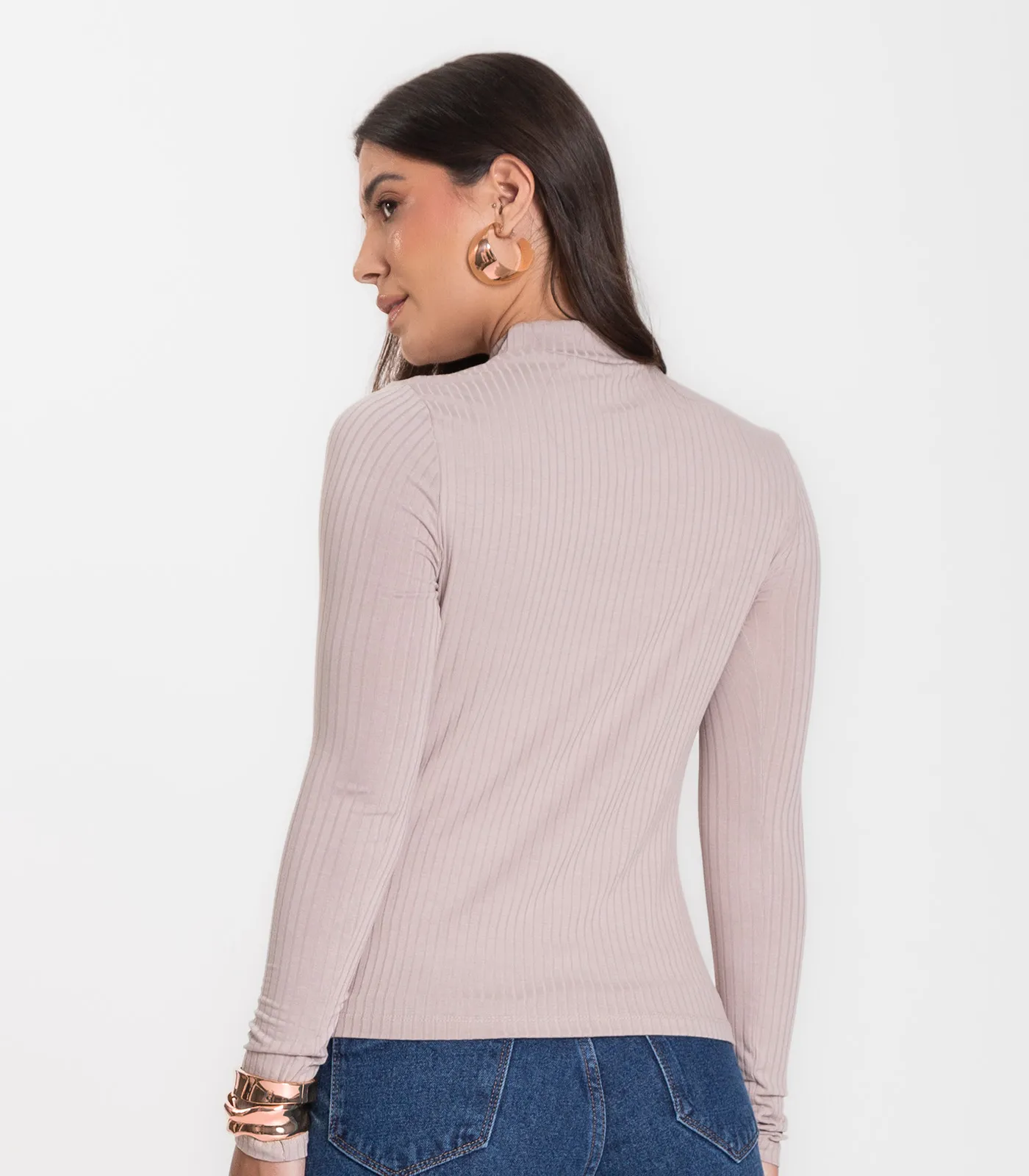 Blusa Manga Longa Feminina Canelada Select Bege - Imagem 3