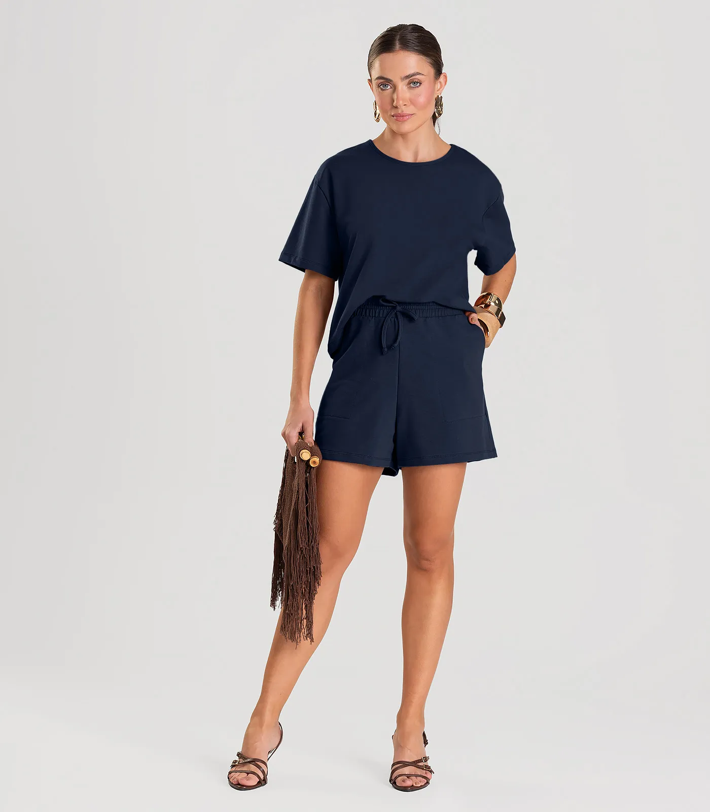Conjunto Feminino Blusa Com Shorts Dianna Azul - Imagem 9
