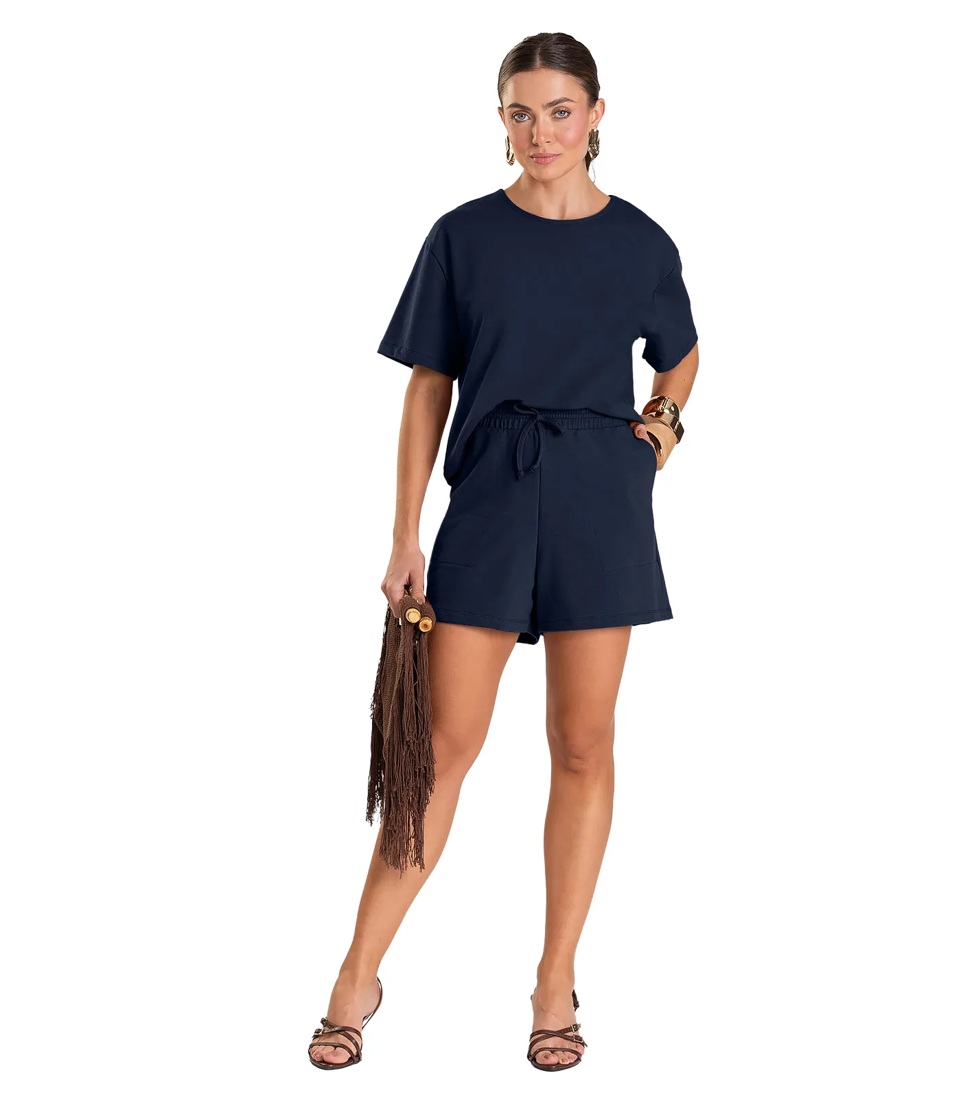 Conjunto Feminino Blusa Com Shorts Dianna Azul - Imagem 10