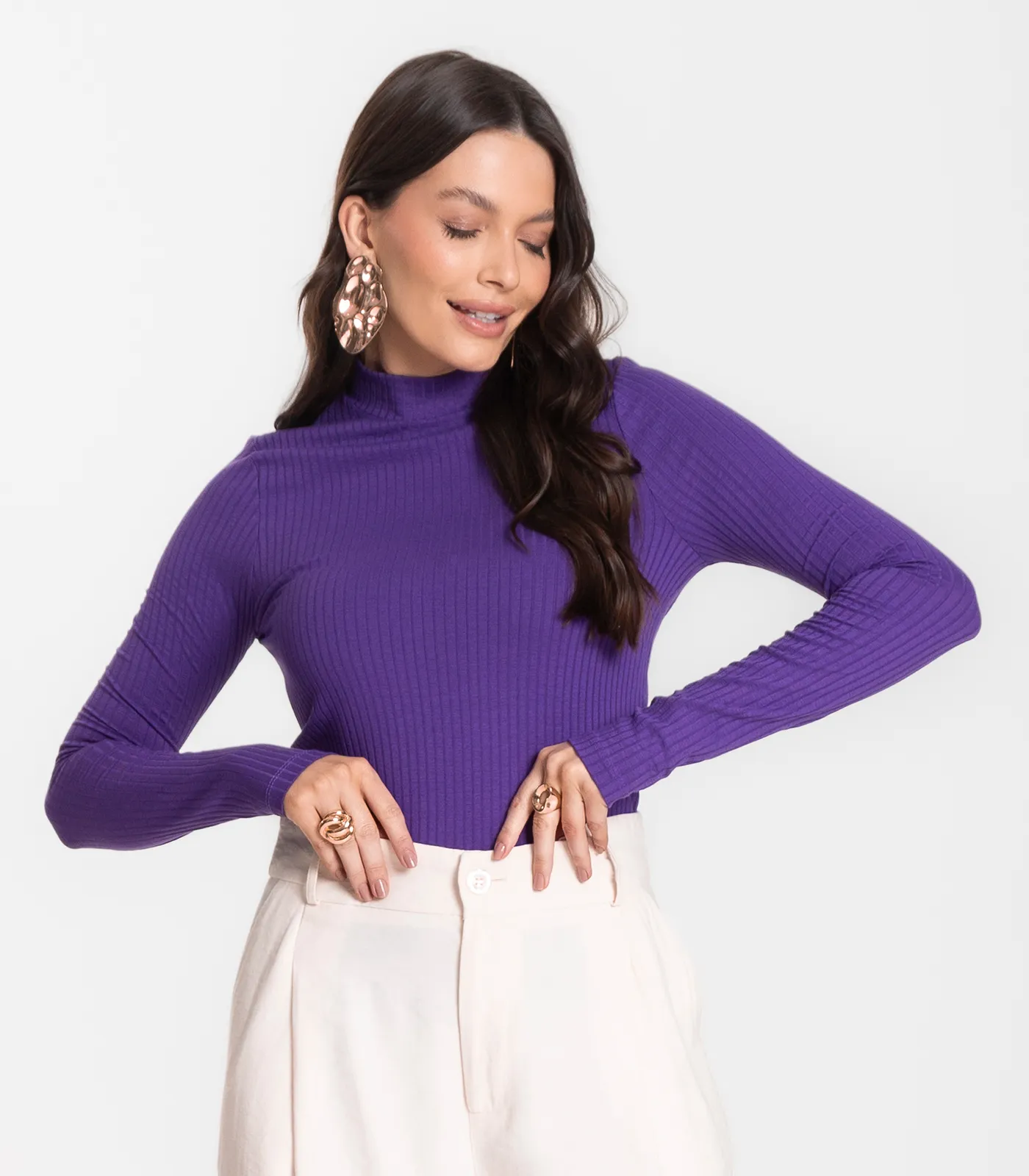 Blusa Manga Longa Feminina Canelada Select Roxo - Imagem 4