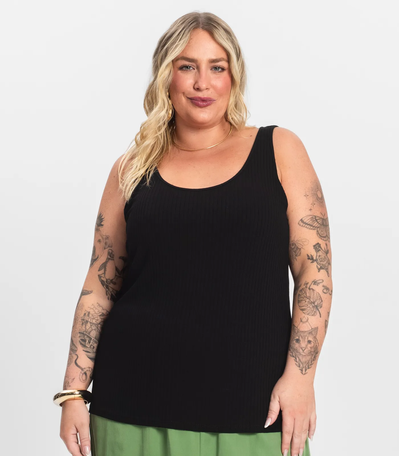 Regata Plus Size Em Ribana Canelada Secret Glam Preto - Imagem 18
