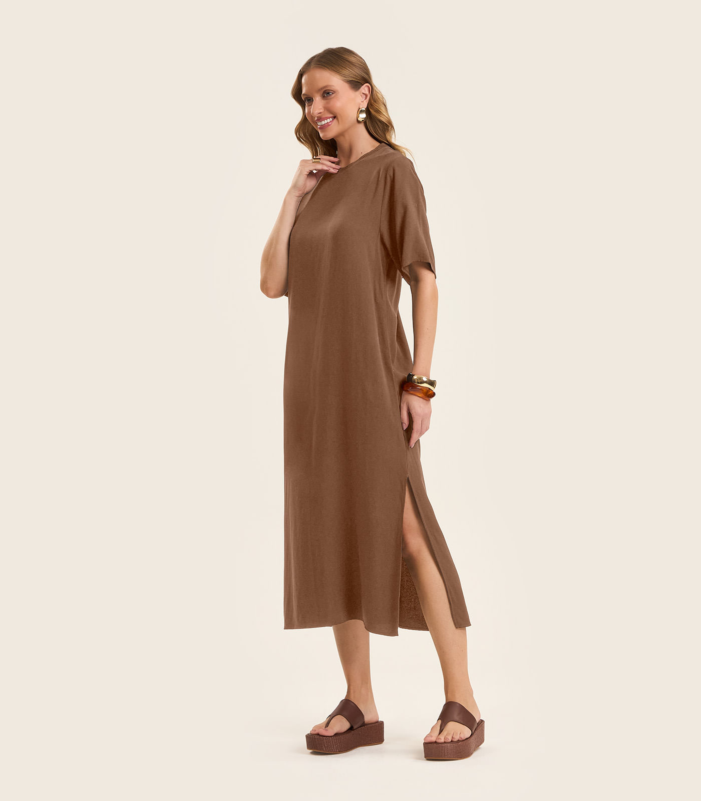 Vestido Feminino Midi em Twill Cey Rovitex Marrom
