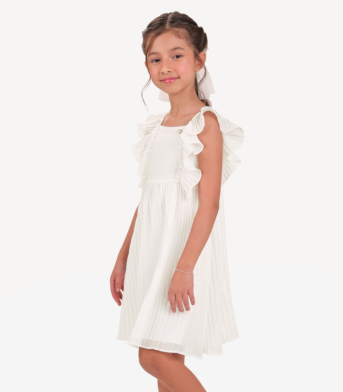 Vestido Chiffon Plissado Infantil Trick Nick Bege