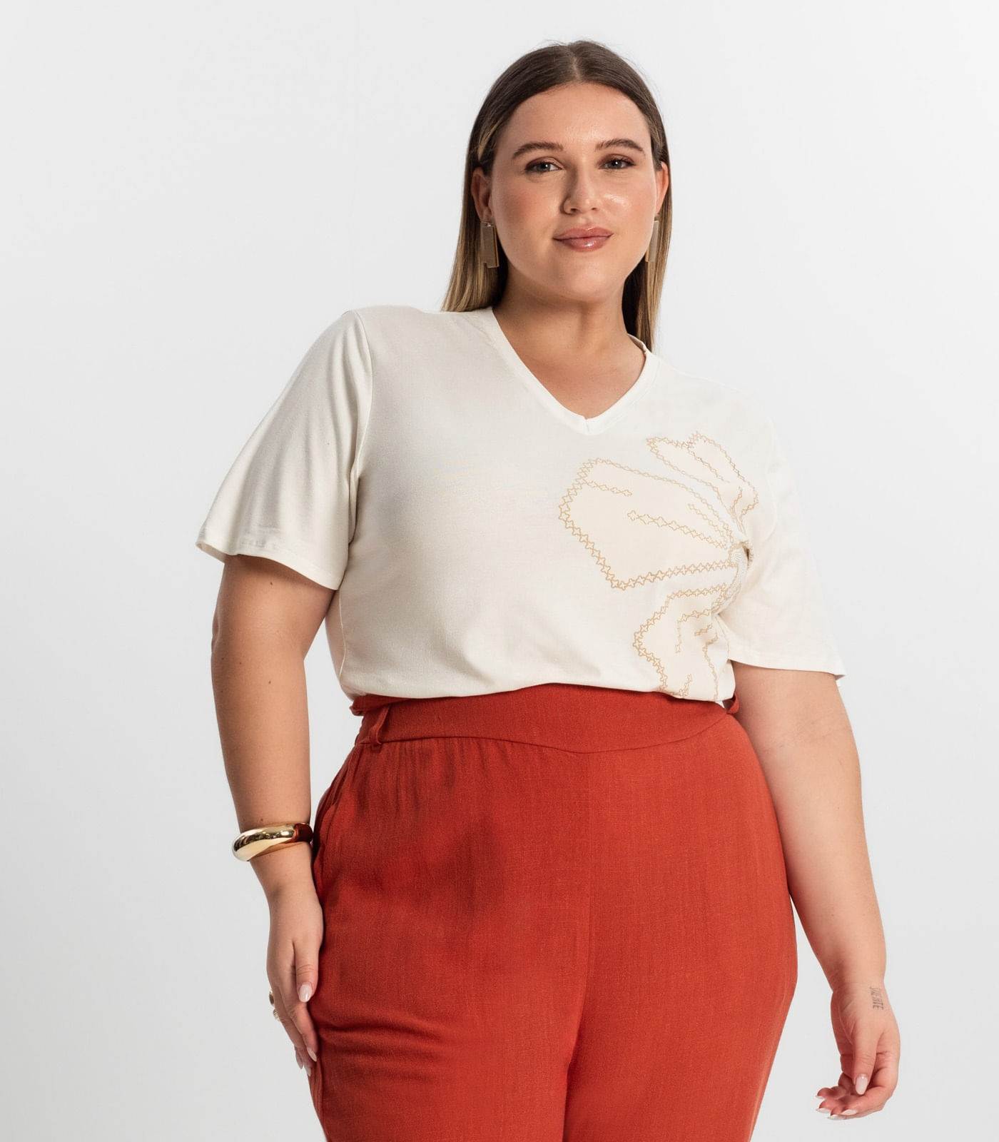 Blusa Feminina Plus Size Manga Evasê Secret Glam Bege