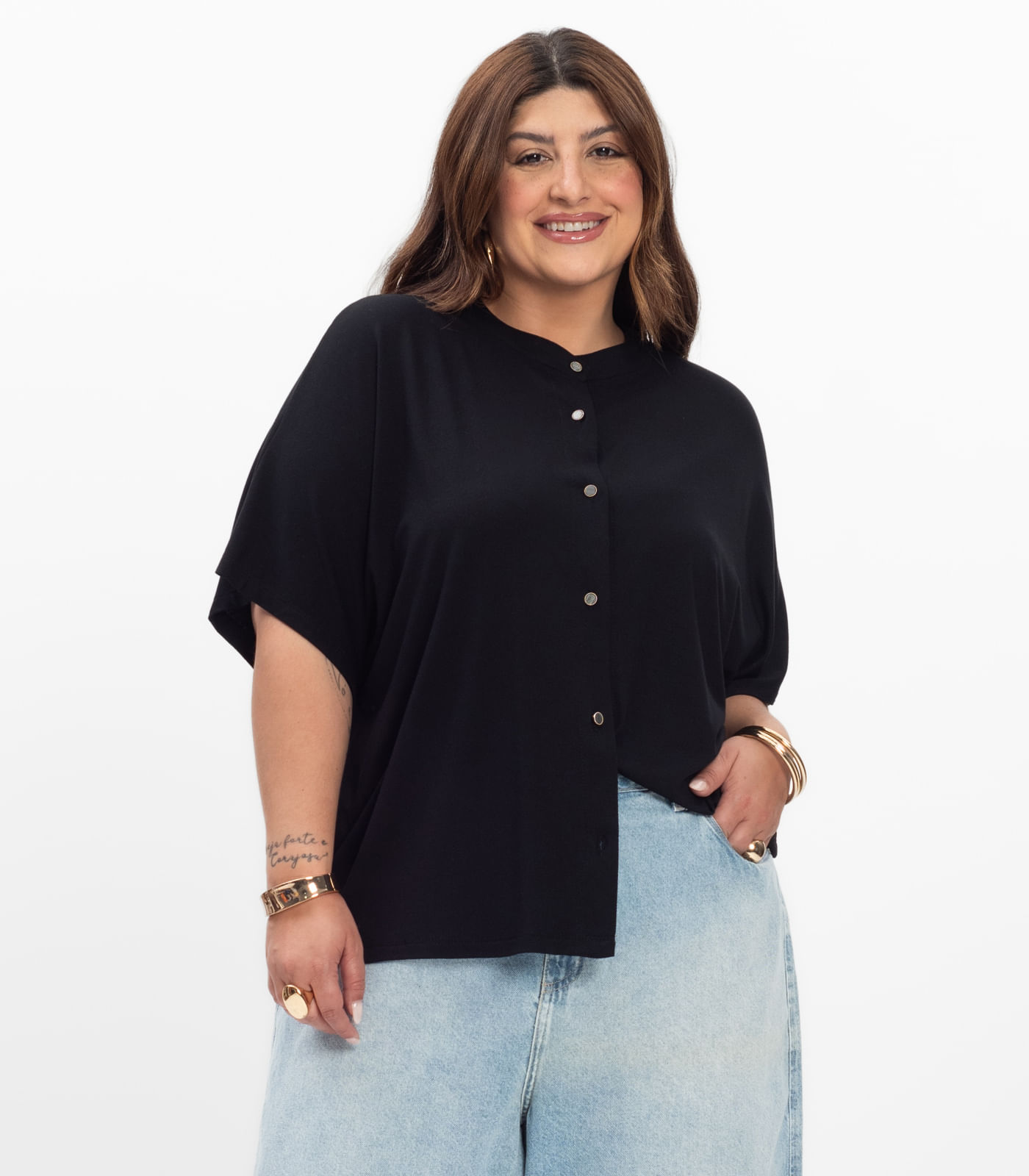 Camisa Manga Curta Feminina Plus Size Secret Glam Preto