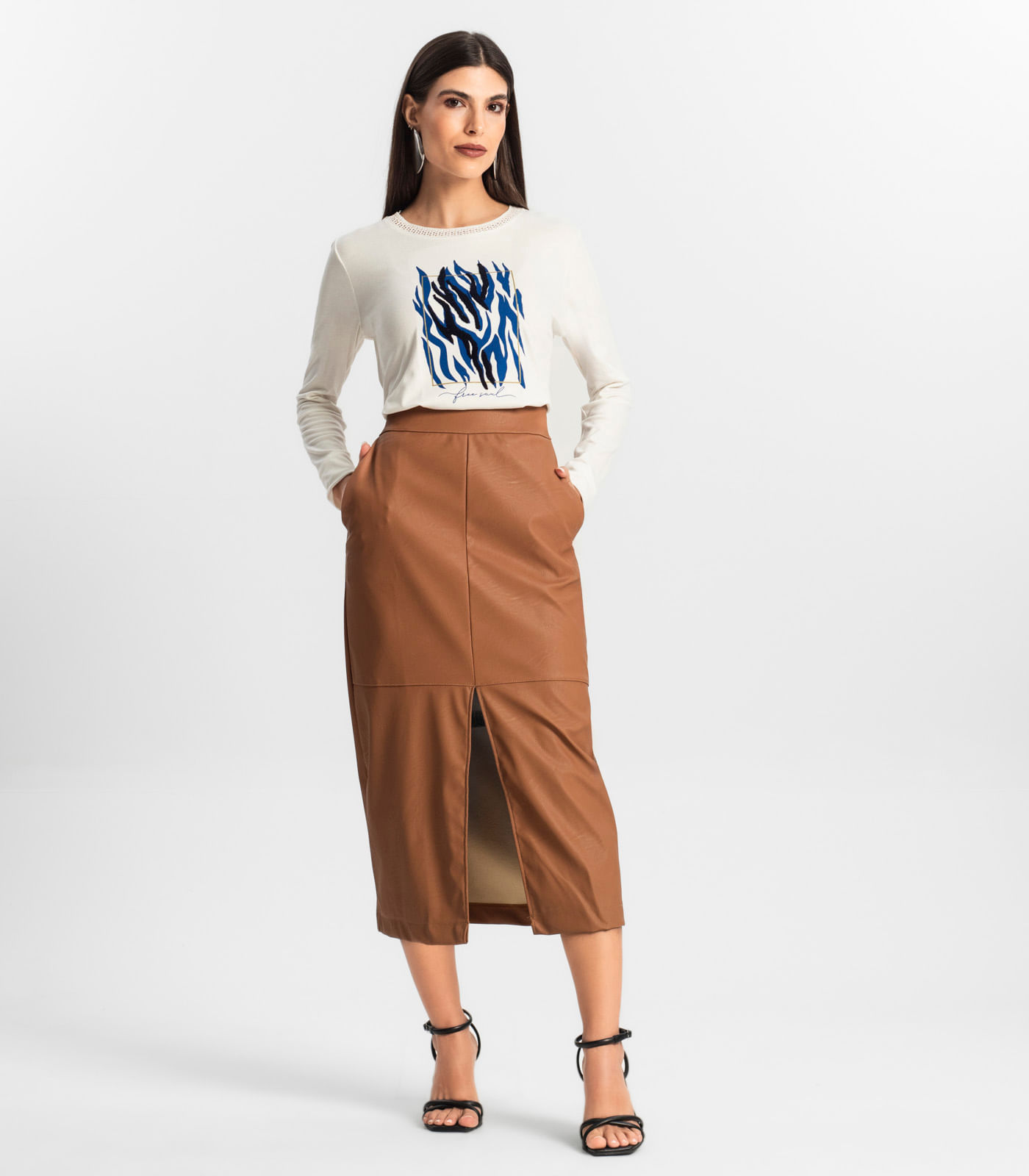 Saia Sintética Feminina Midi Endless Marrom