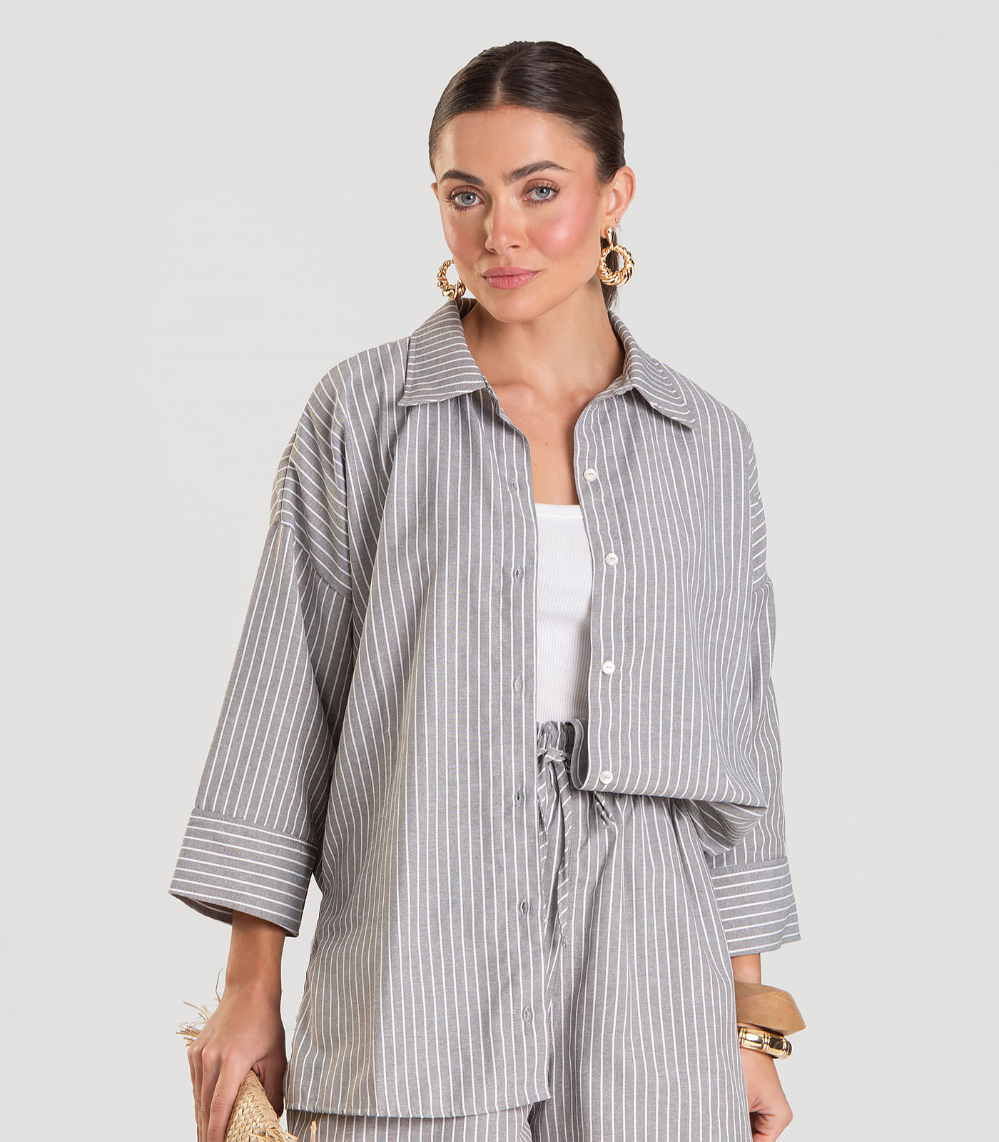 Camisa Feminina manga 7/8 Listrada Dianna Cinza