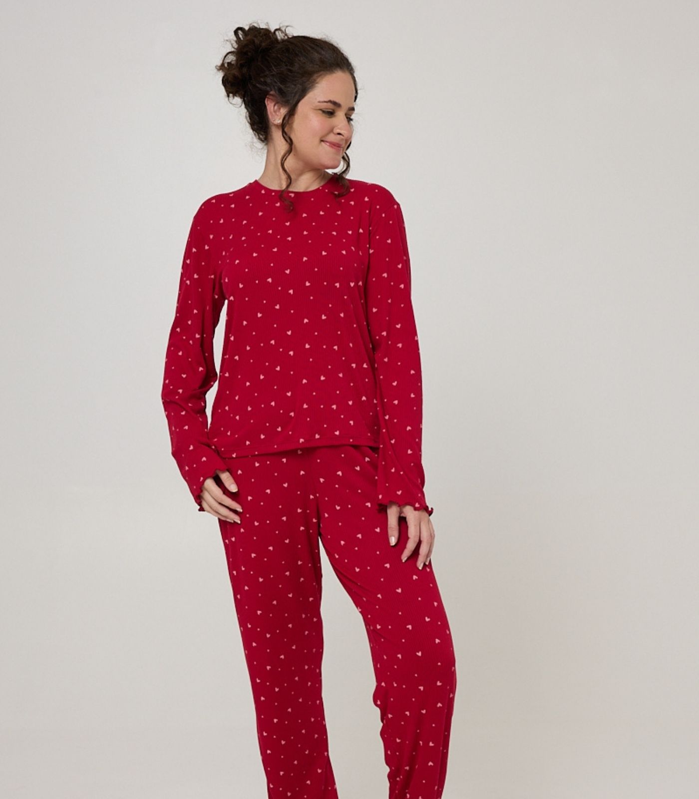 Pijama Longo Feminino Corações Ribana Evanilda Vermelho