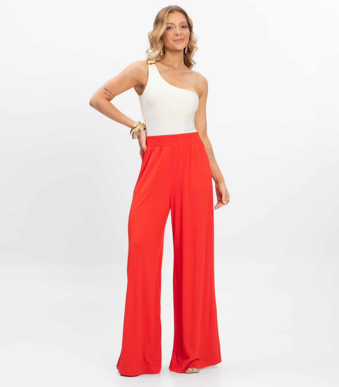 Calça Pantalona Feminina Visco Maquinetada Rovitex Laranja