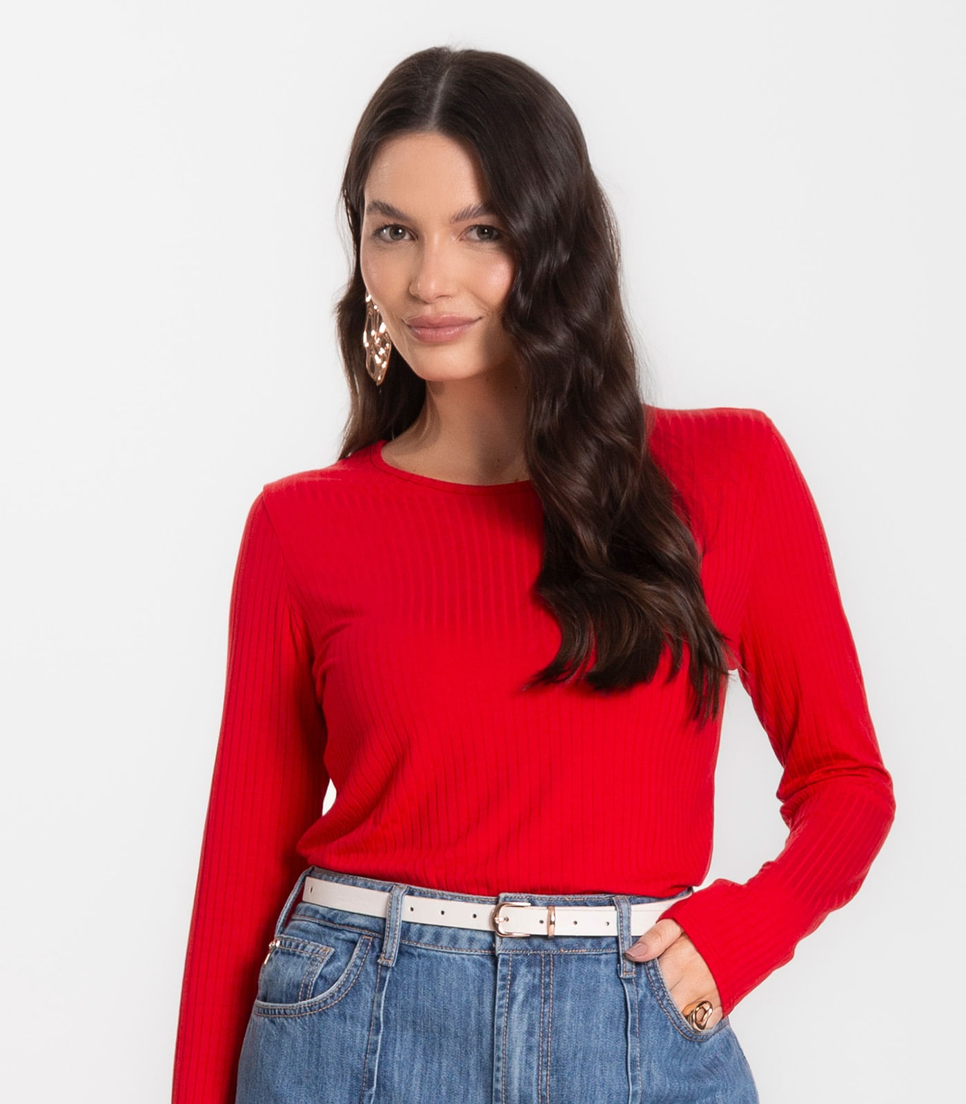Blusa Feminina Canelada Com Manga Longa Rovitex Vermelho