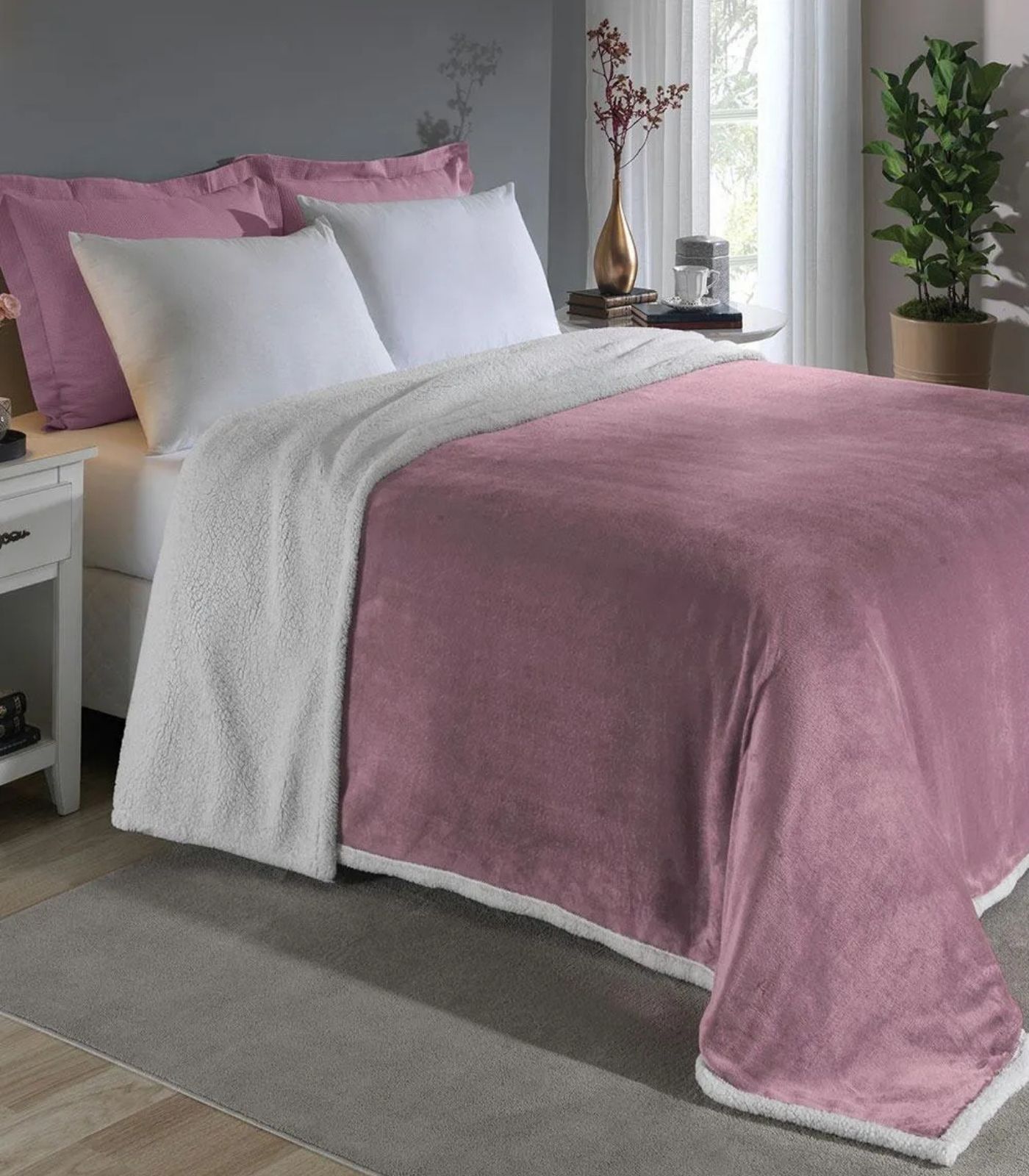 Cobertor Sherpa Dupla Face Queen Lar E Lazer Rosa