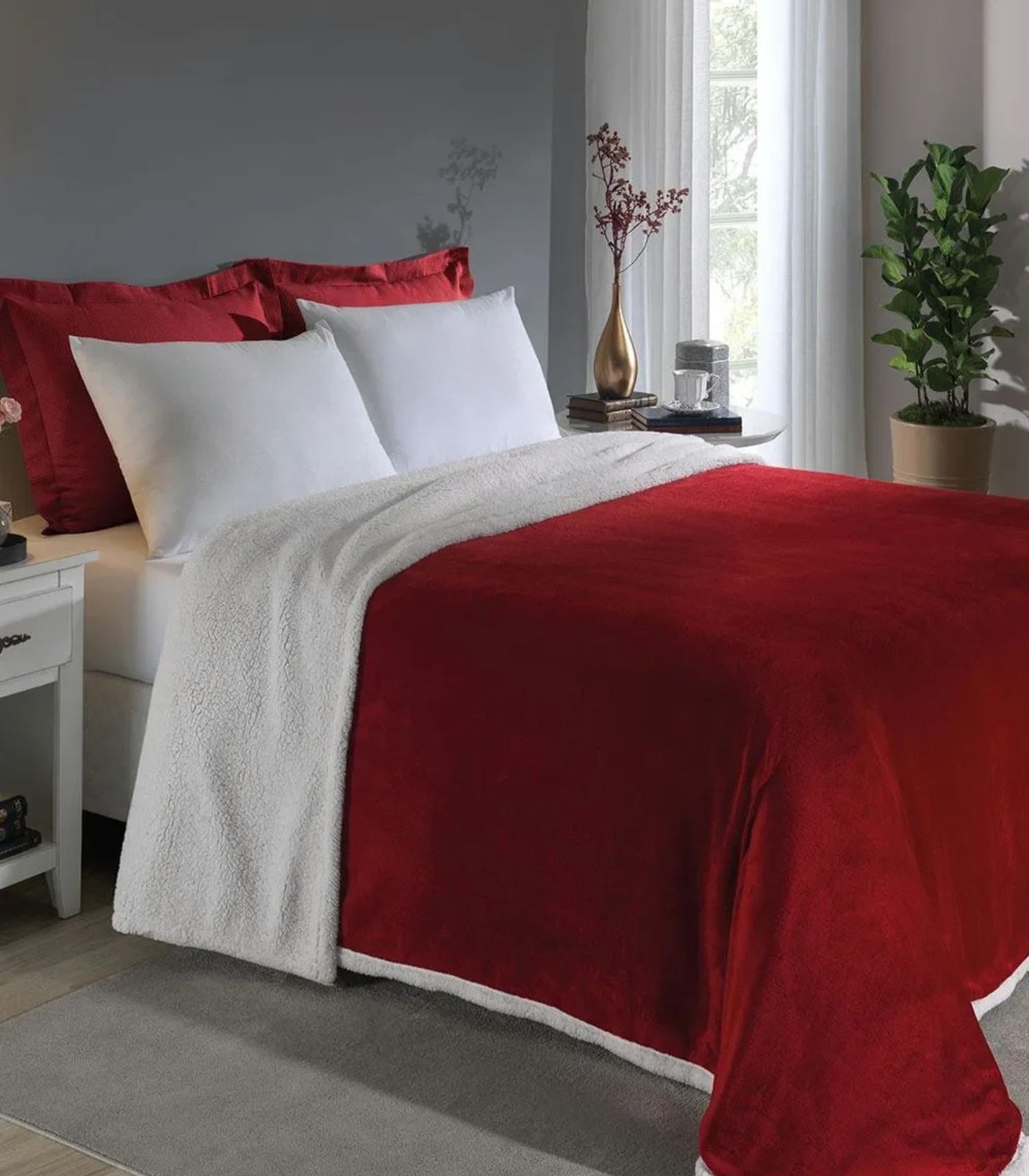 Cobertor Sherpa Dupla Face Queen Lar E Lazer Vermelho
