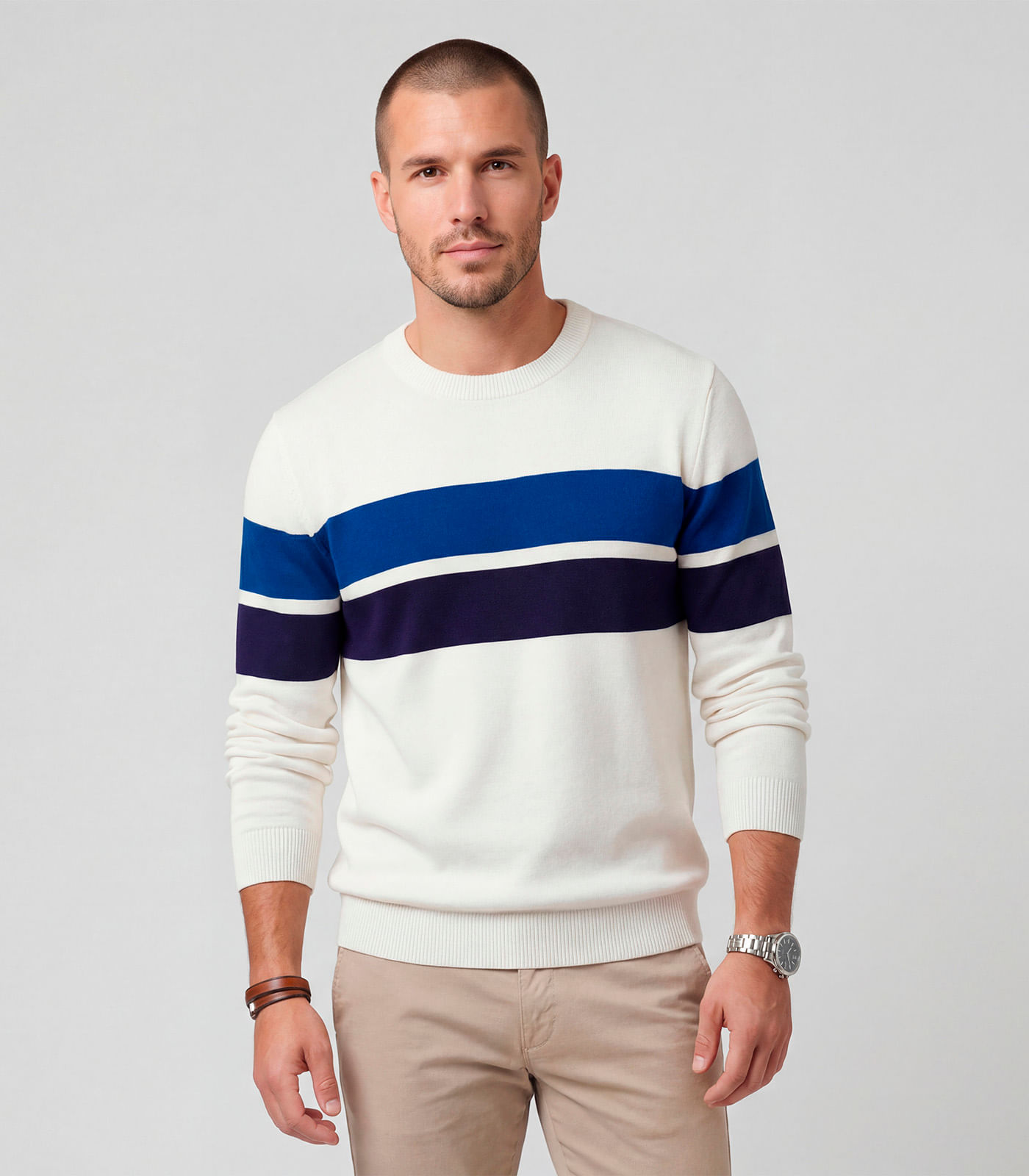 Suéter Masculino Comfort Tricot Listrado Diametro Branco